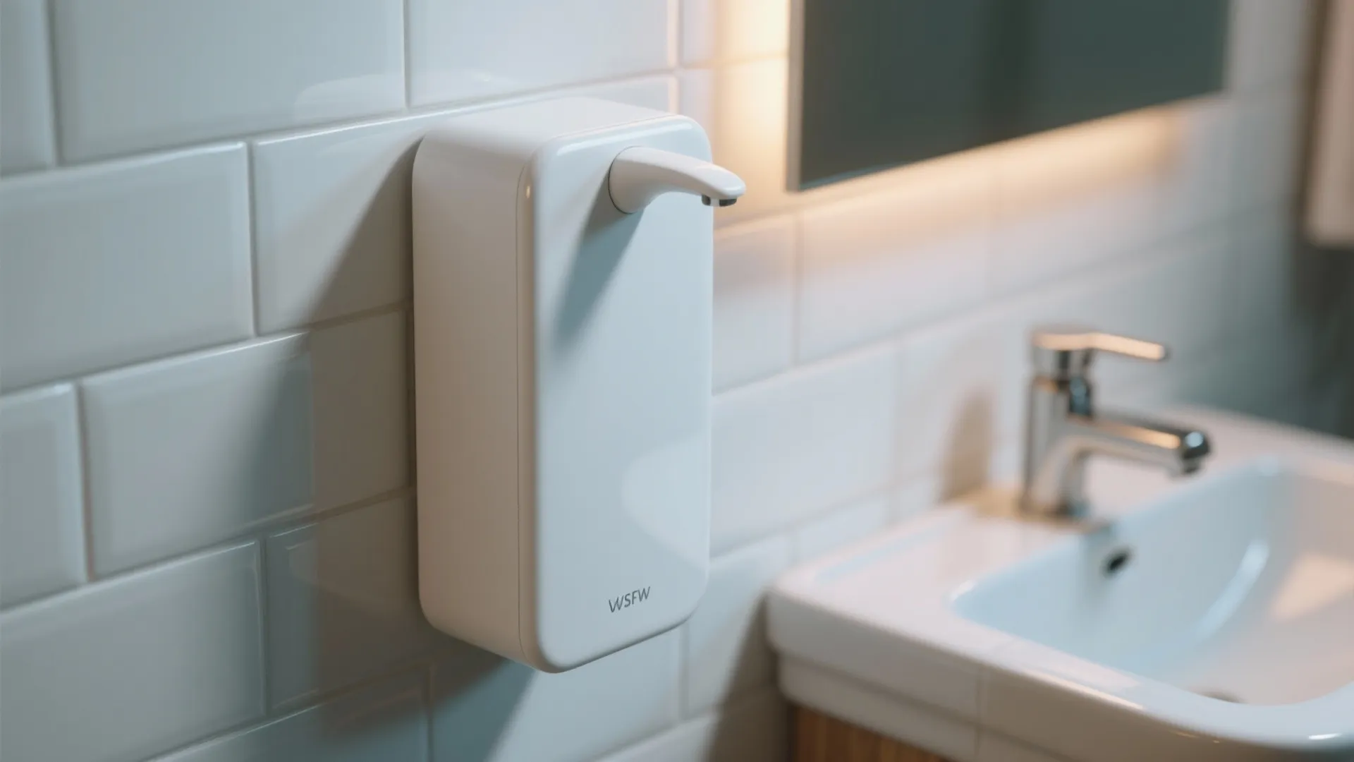 Close-up of a white wall-mounted soap dispenser beside a sink with white tile background.