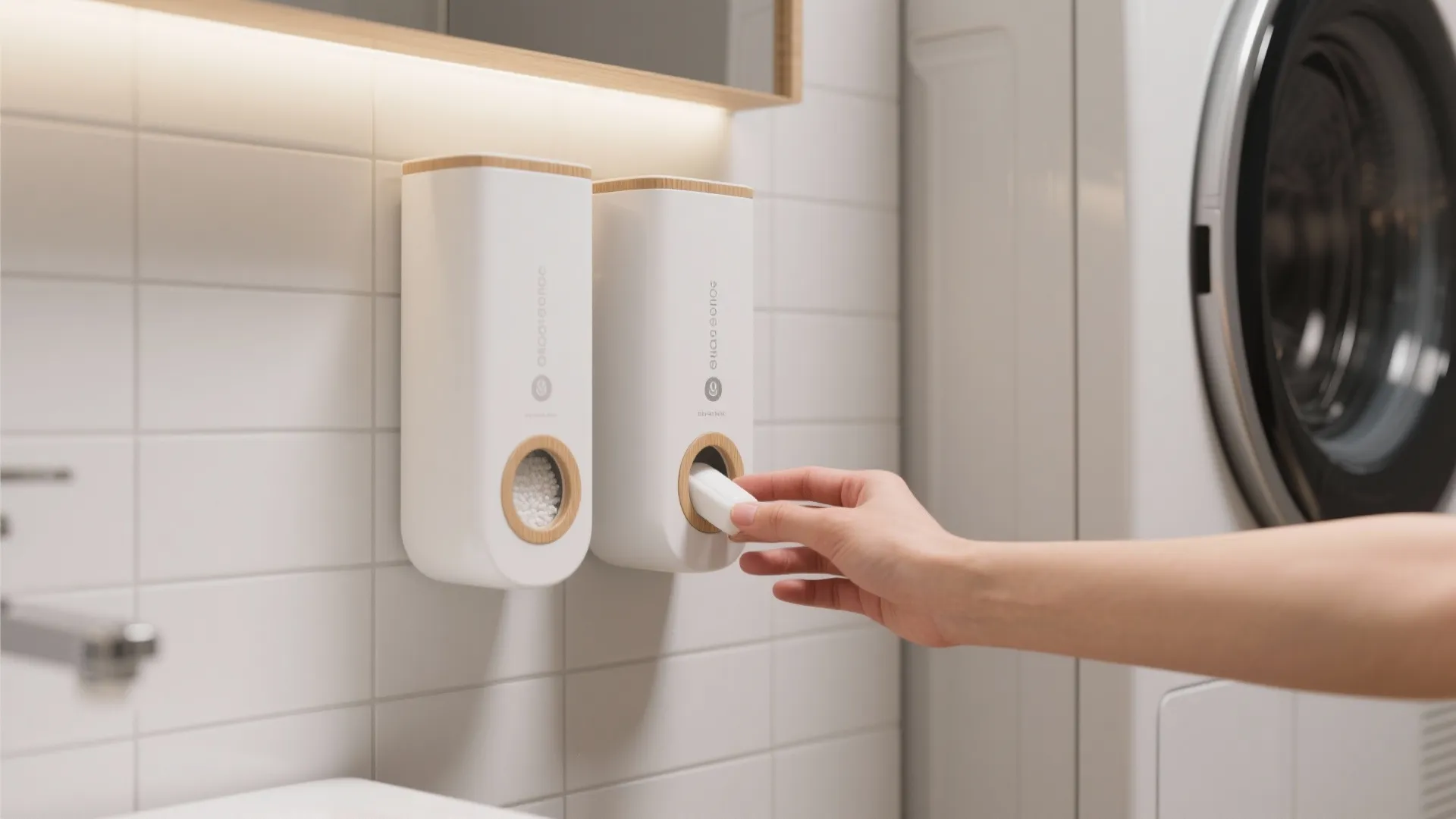 Hand reaching into a white wall mounted storage dispenser next to a modern front washer