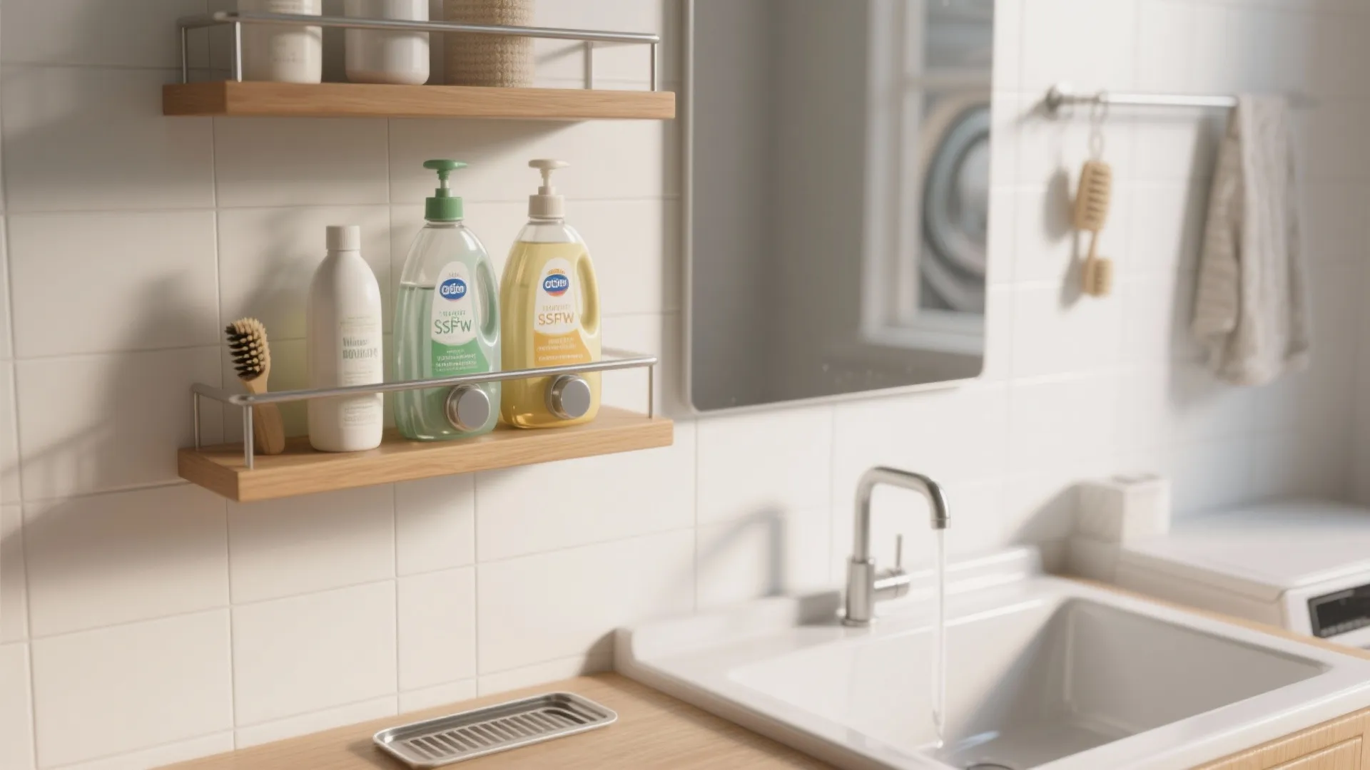 Modern laundry room sink area with soap dispensers on wooden shelves and white wall tiles