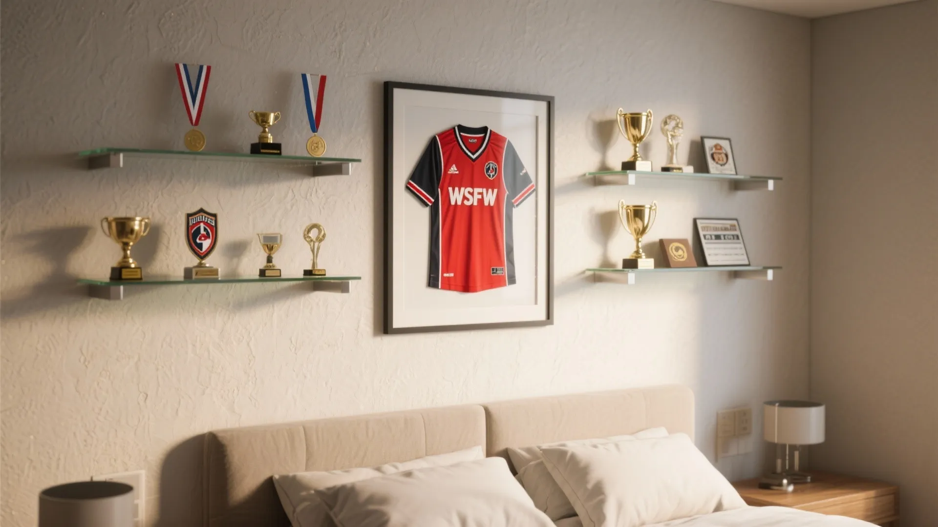 Wall with glass shelves holding trophies and medals next to a framed red sports jersey