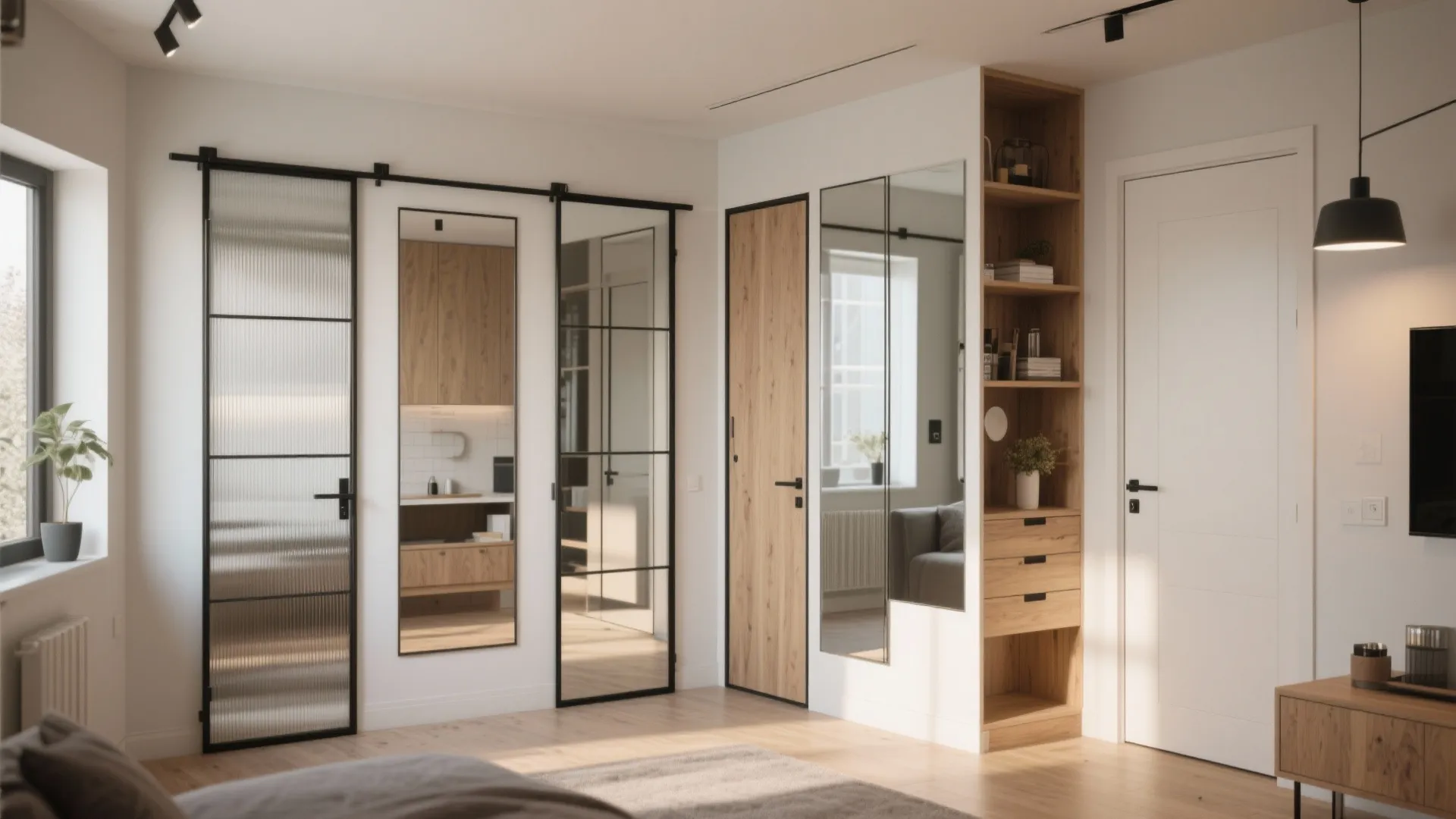 Modern apartment interior featuring black frame sliding glass doors wood cabinets and white bedroom door