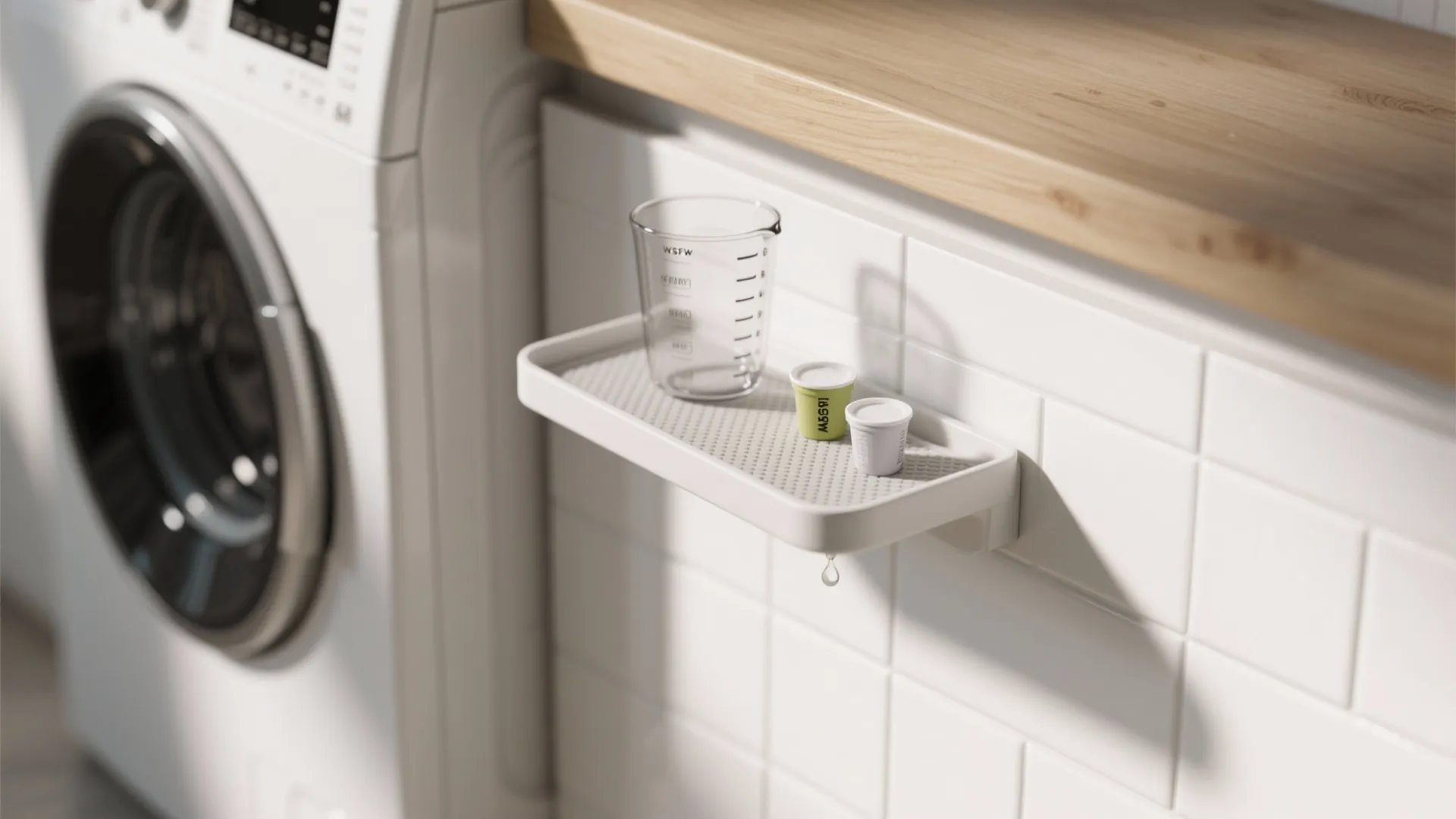 2. Wall-mounted dosing shelf with spill tray