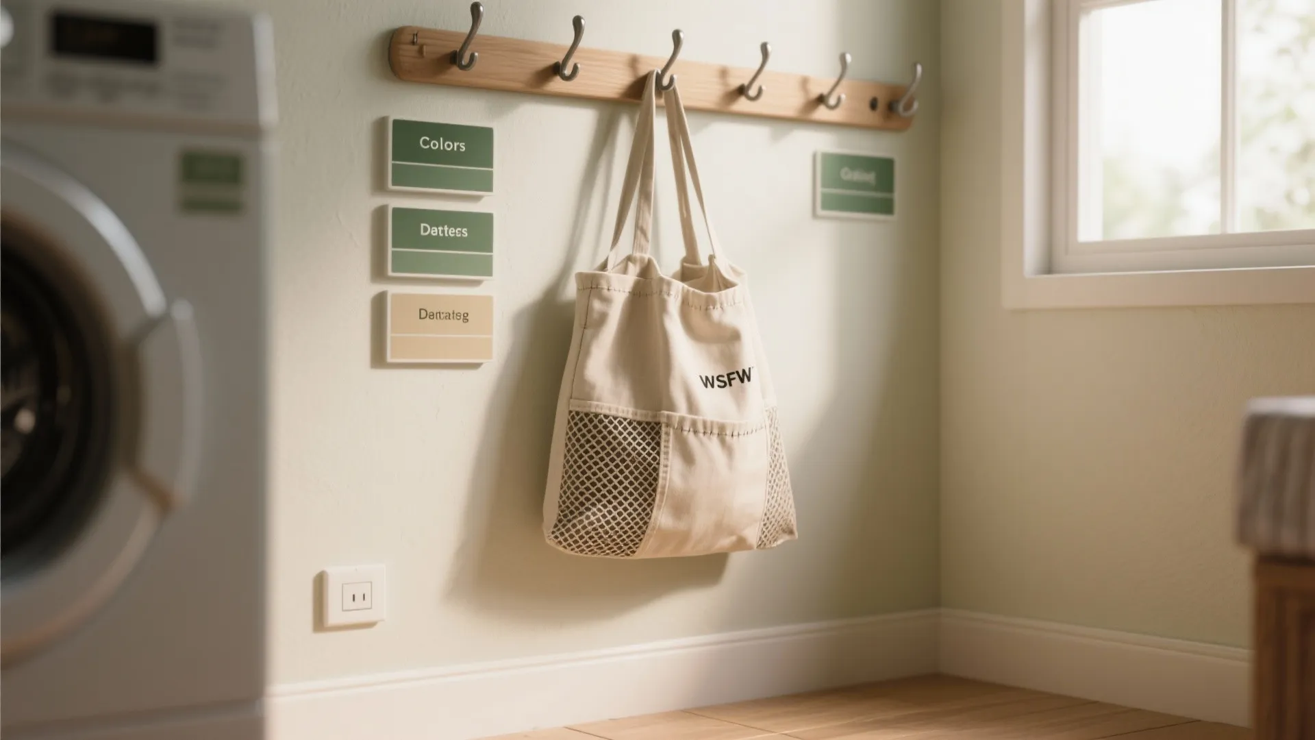 Beige tote bag hanging on wooden wall hook next to washing machine and color labels
