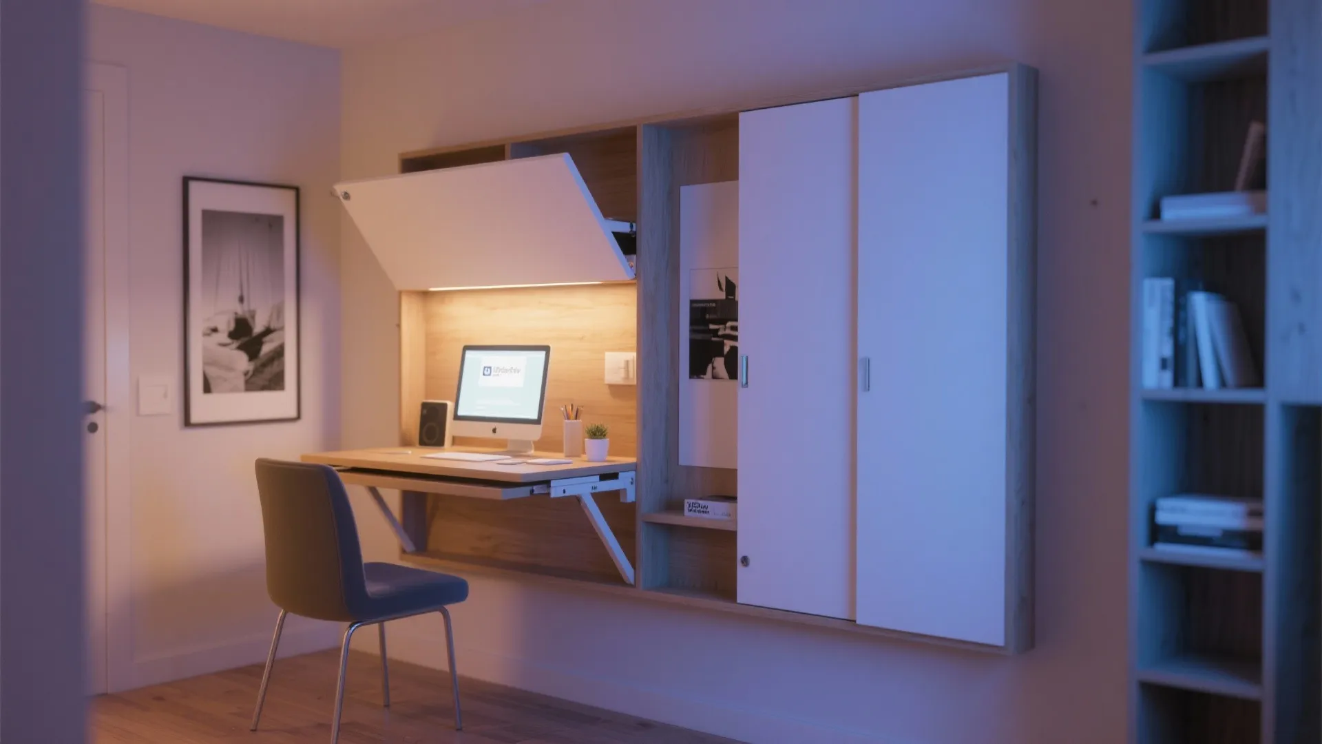 Wall-mounted drop desk in open and closed modes in a small apartment