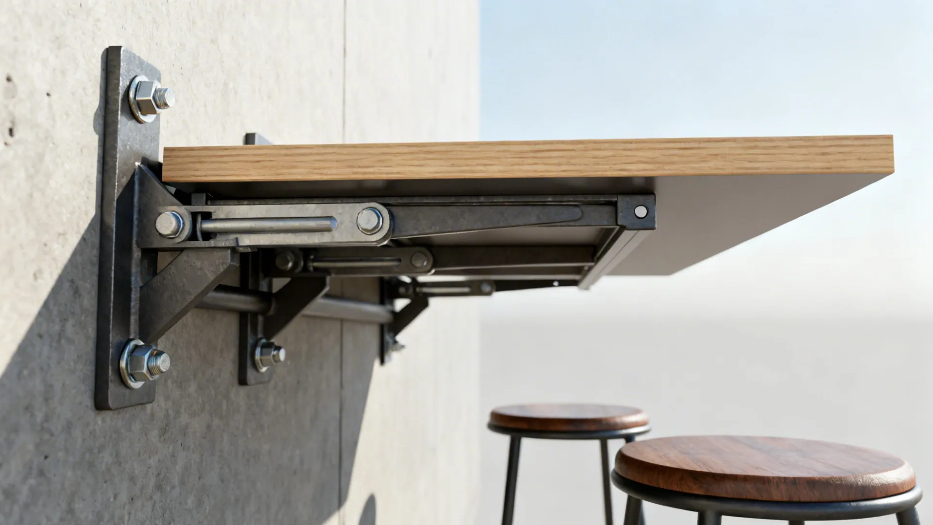 Close-up of wall-mounted drop-down table hardware and anchors showing sturdy installation.