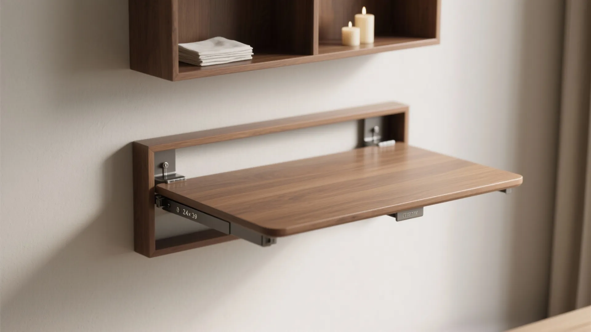Wall mounted wooden folding table with metal hinges under a matching dark wood wall cabinet