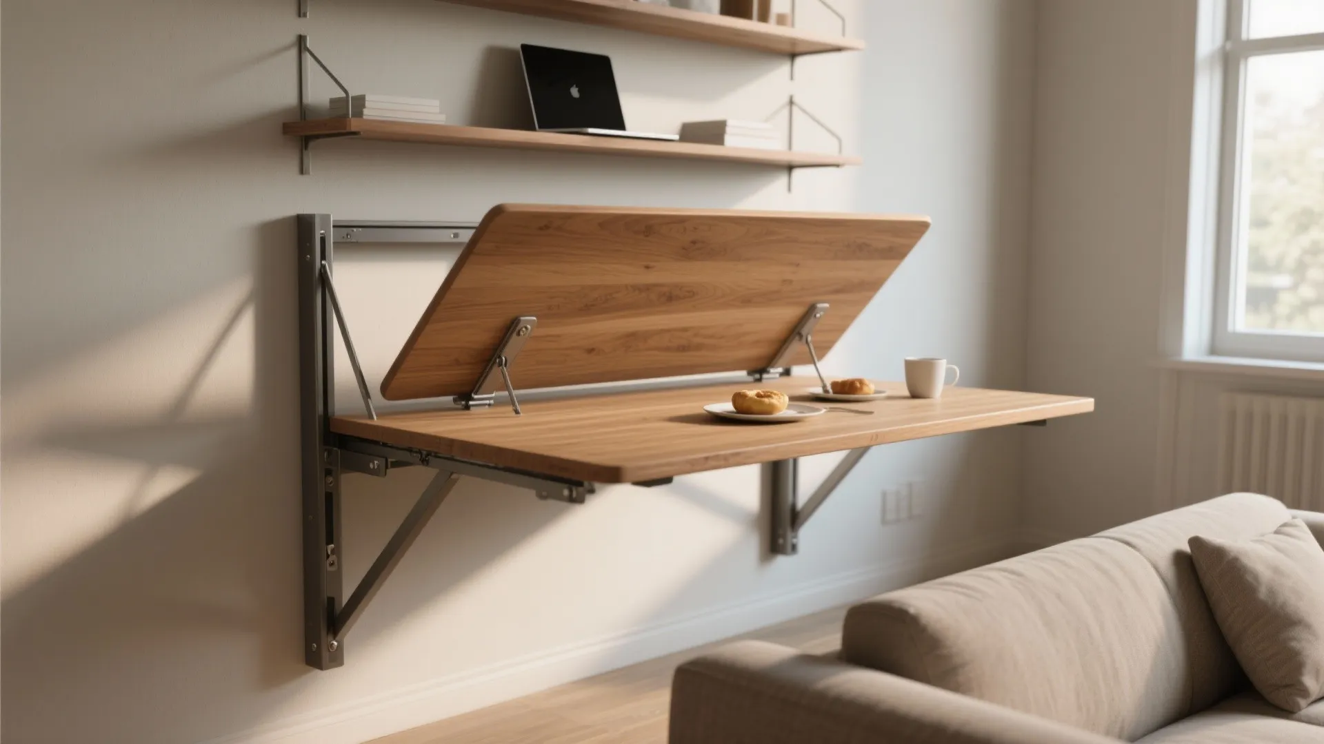 1. A wall-mounted drop-leaf as a multipurpose stage