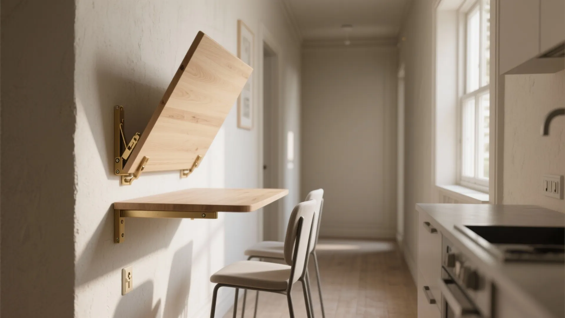 Space saving wall mounted folding wood table in narrow kitchen hallway with two simple chairs