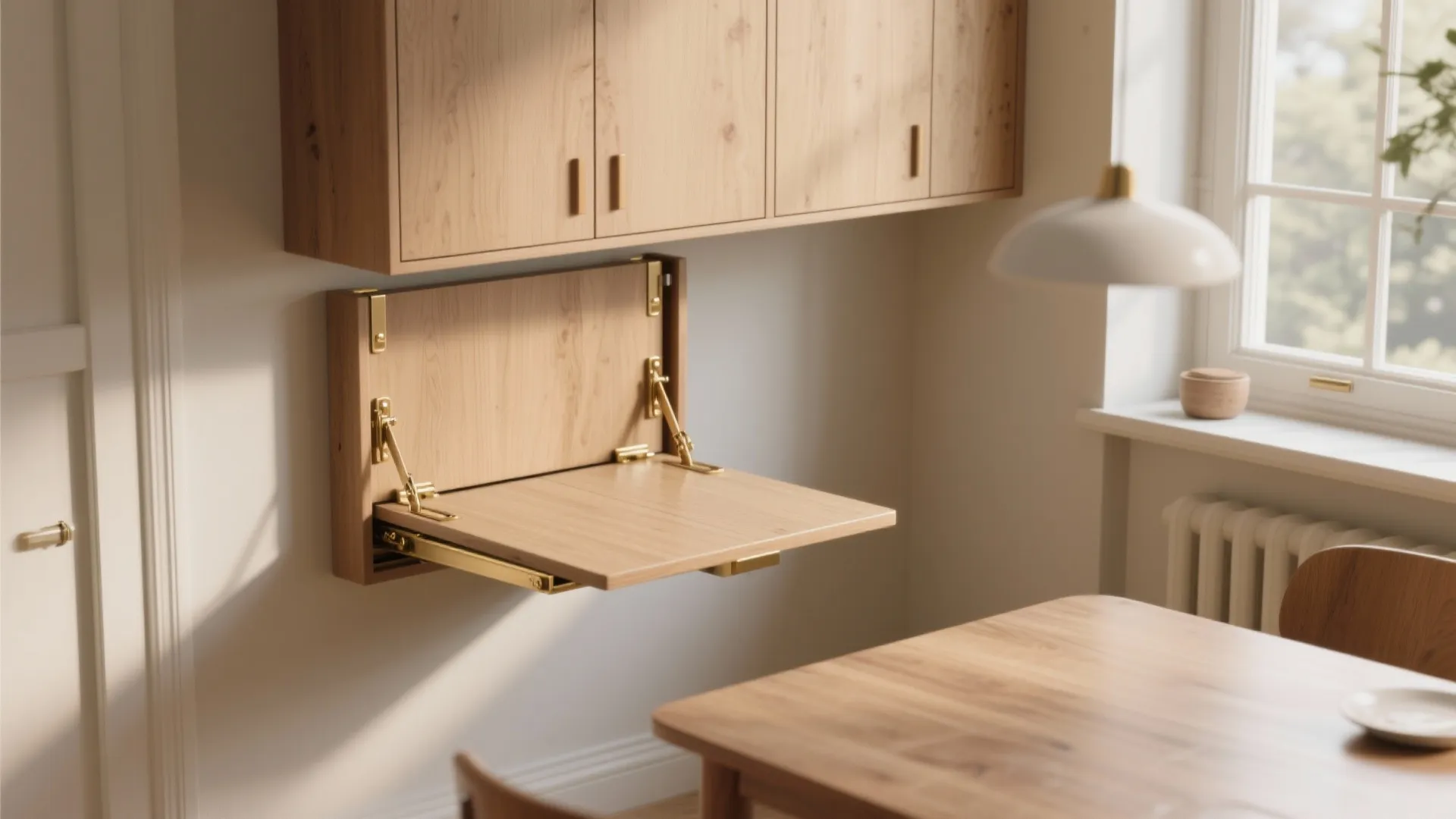 Wall-mounted drop-leaf table folded and partially extended against matching cabinetry, showing hinges and clean footprint.