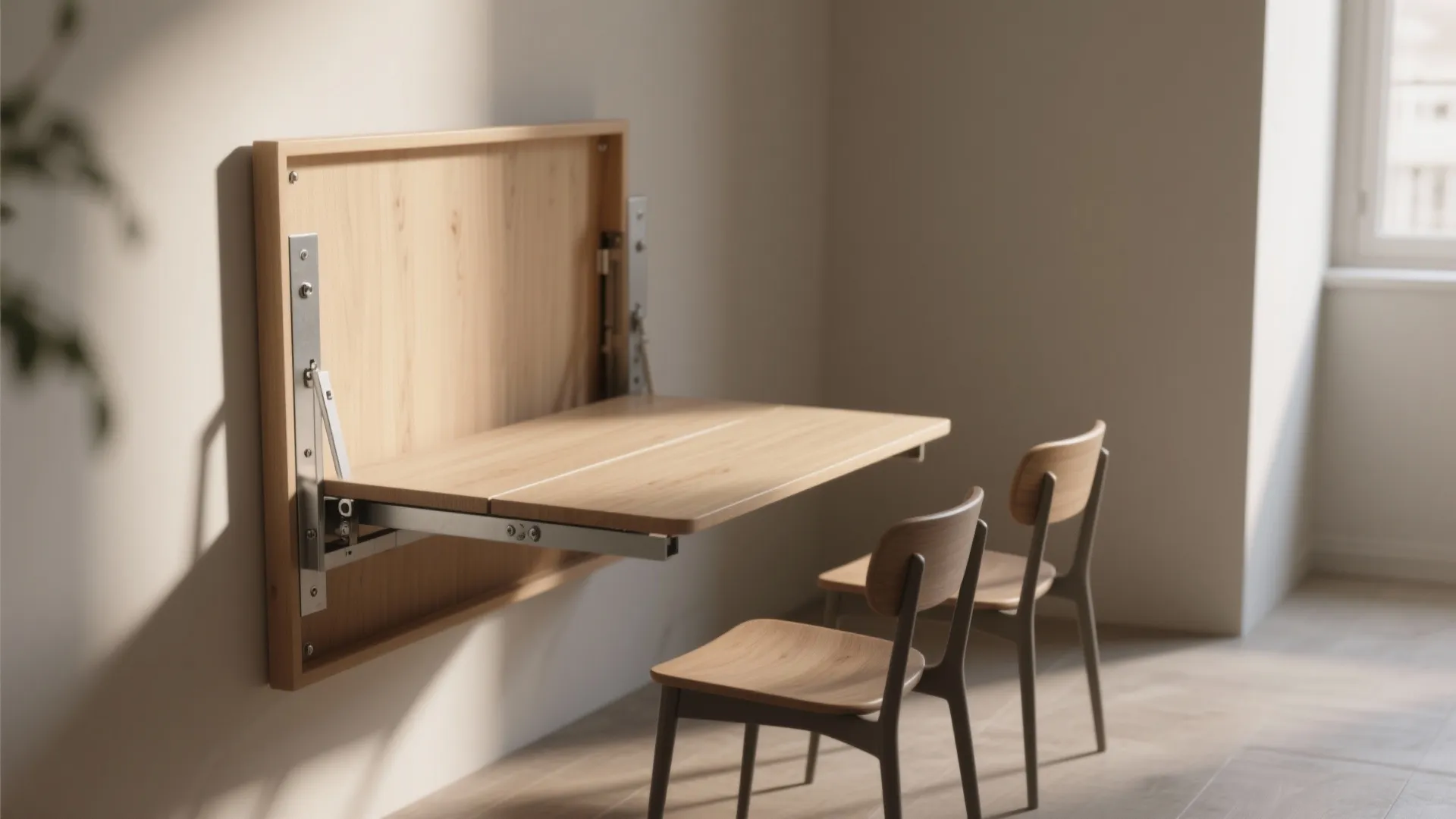 A light wood wall mounted folding table with metal hinges and two simple matching chairs