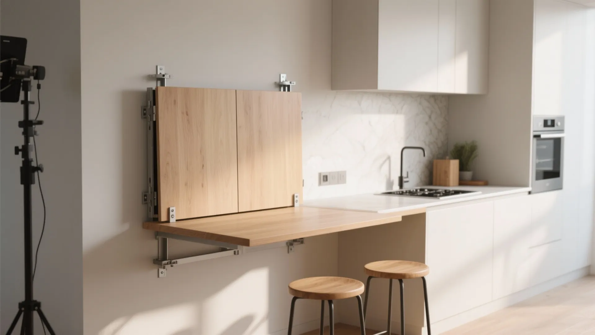 Studio with a wall-mounted drop-leaf rectangular table folded down at counter height with stools, showing compact prep space.