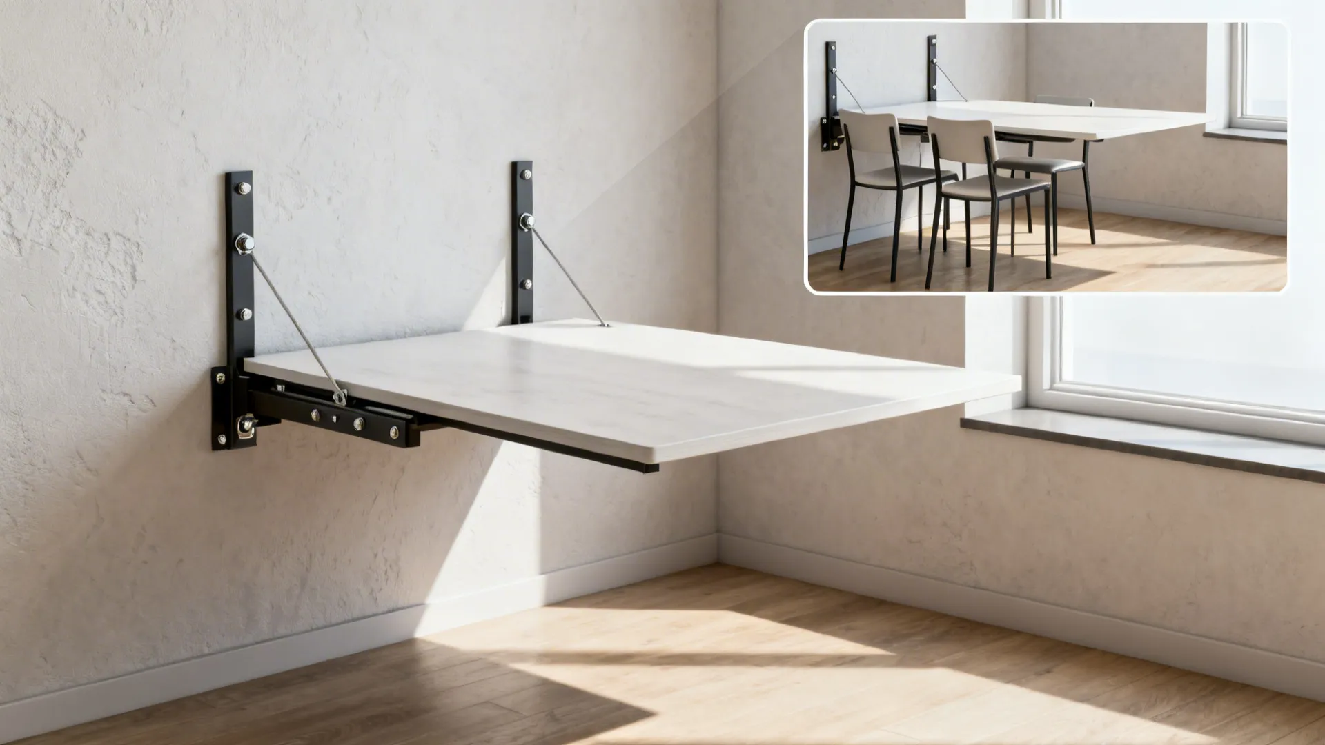 Wall-mounted drop-leaf table folded and expanded in a studio, showing heavy-duty brackets and slim chairs.