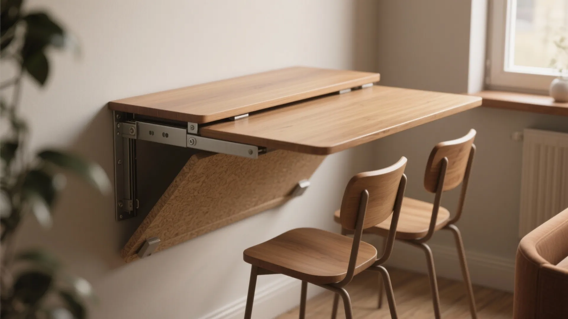 A space saving wall mounted folding wooden table with two simple chairs in a bright room