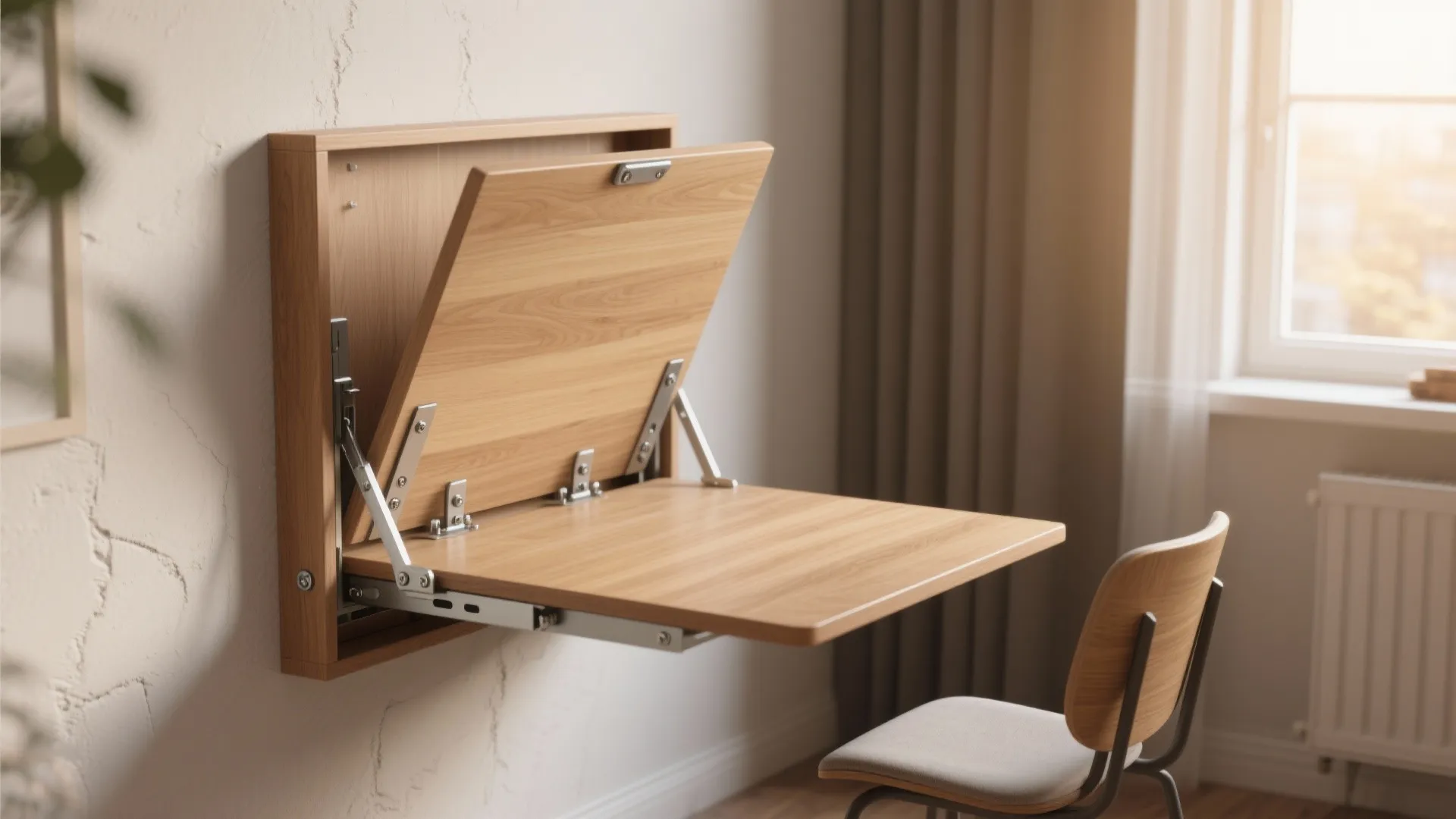 Wooden wall mounted folding desk opening in a room with a chair and window light