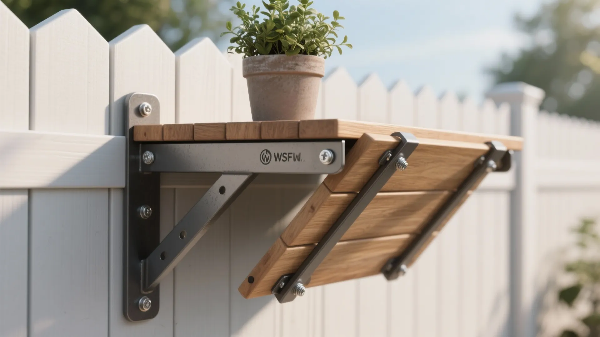Wooden wall folding table attached to white fence holding a small green plant in pot