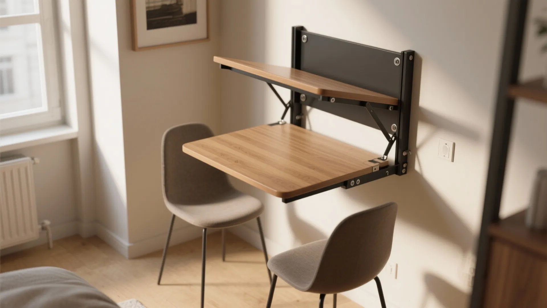 1. Wall-mounted drop-leaf table (fold-away charm)