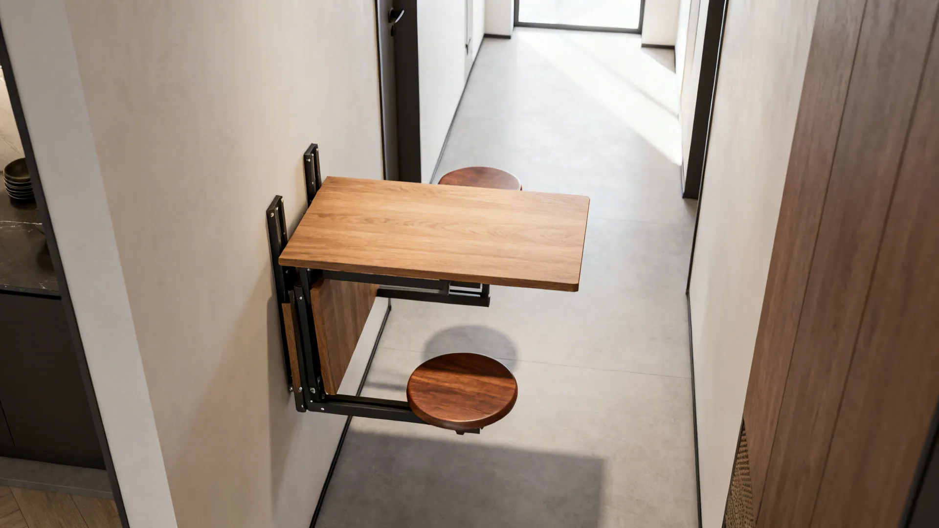 Top-down view of a wall-mounted drop table with fold-down stools in a narrow hallway