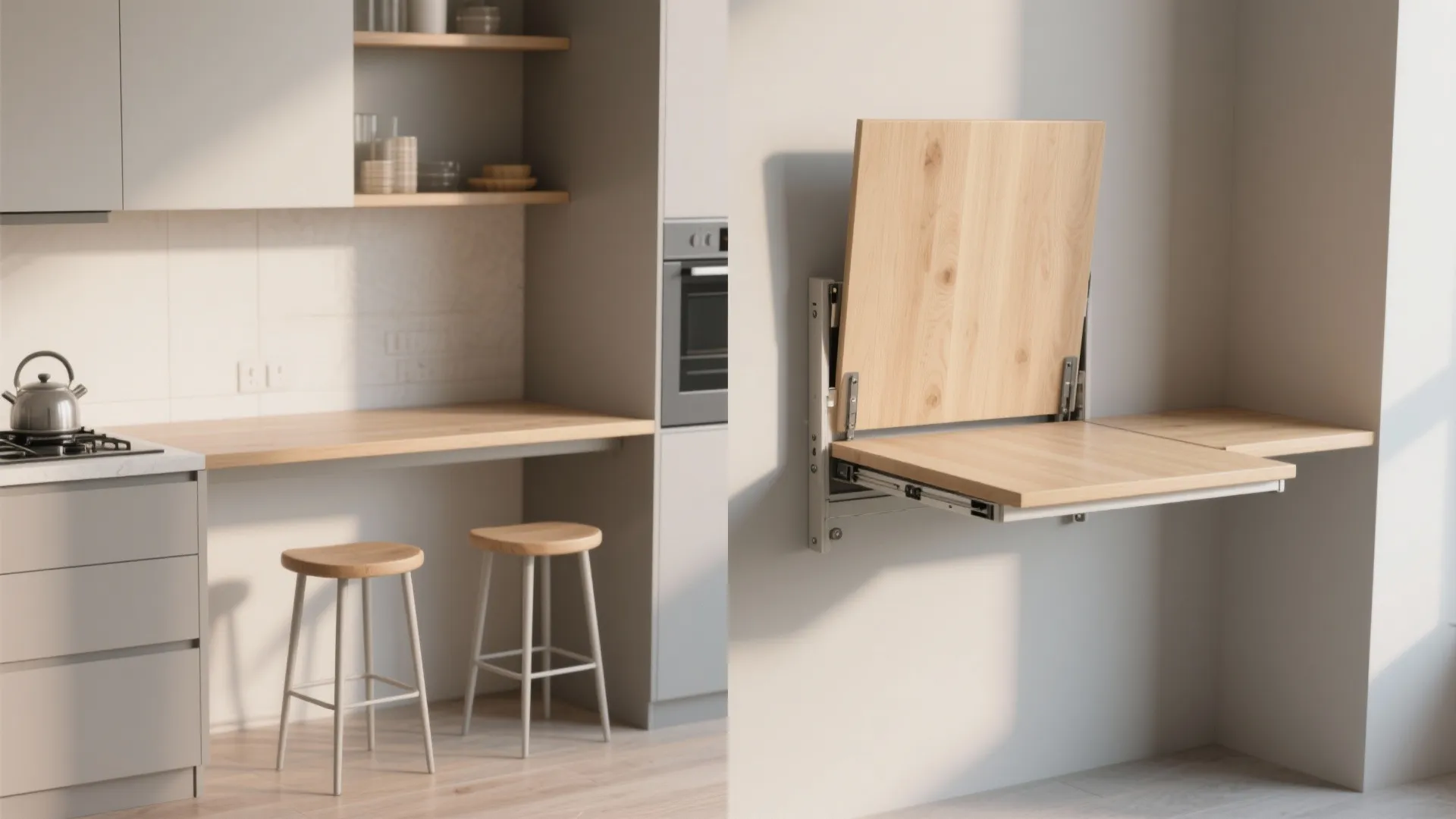 4. Wall-mounted drop-leaf with stowable stools