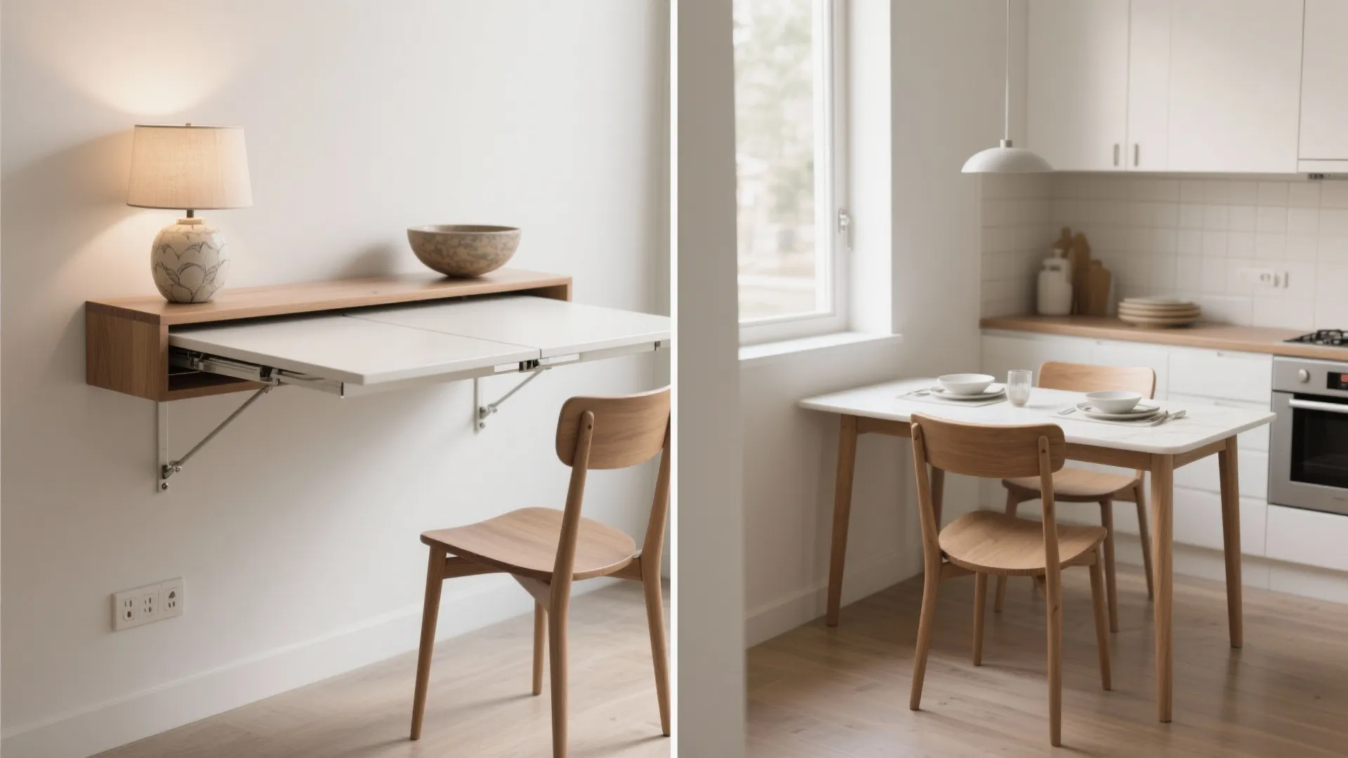 Before and after comparison of a wall mounted folding desk and a full dining set