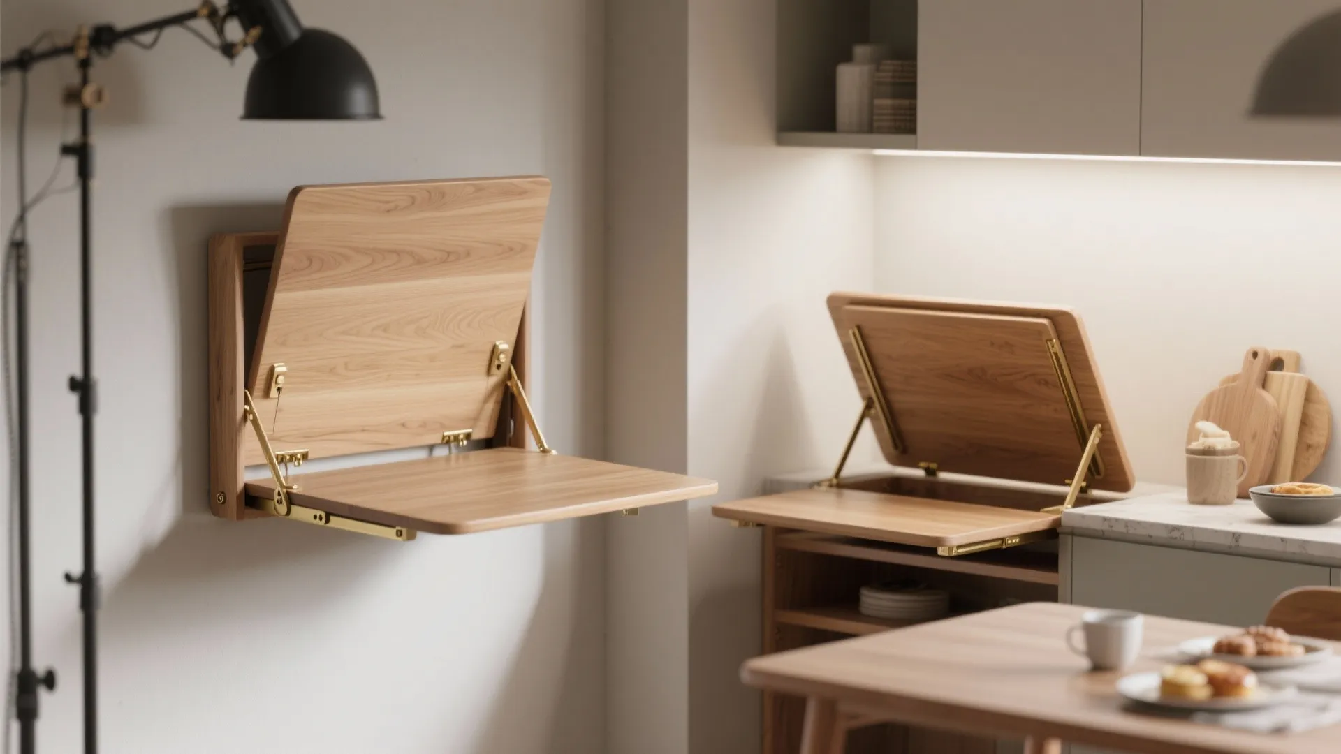 Two wooden folding tables mounted on wall and cabinet in modern light colored dining room
