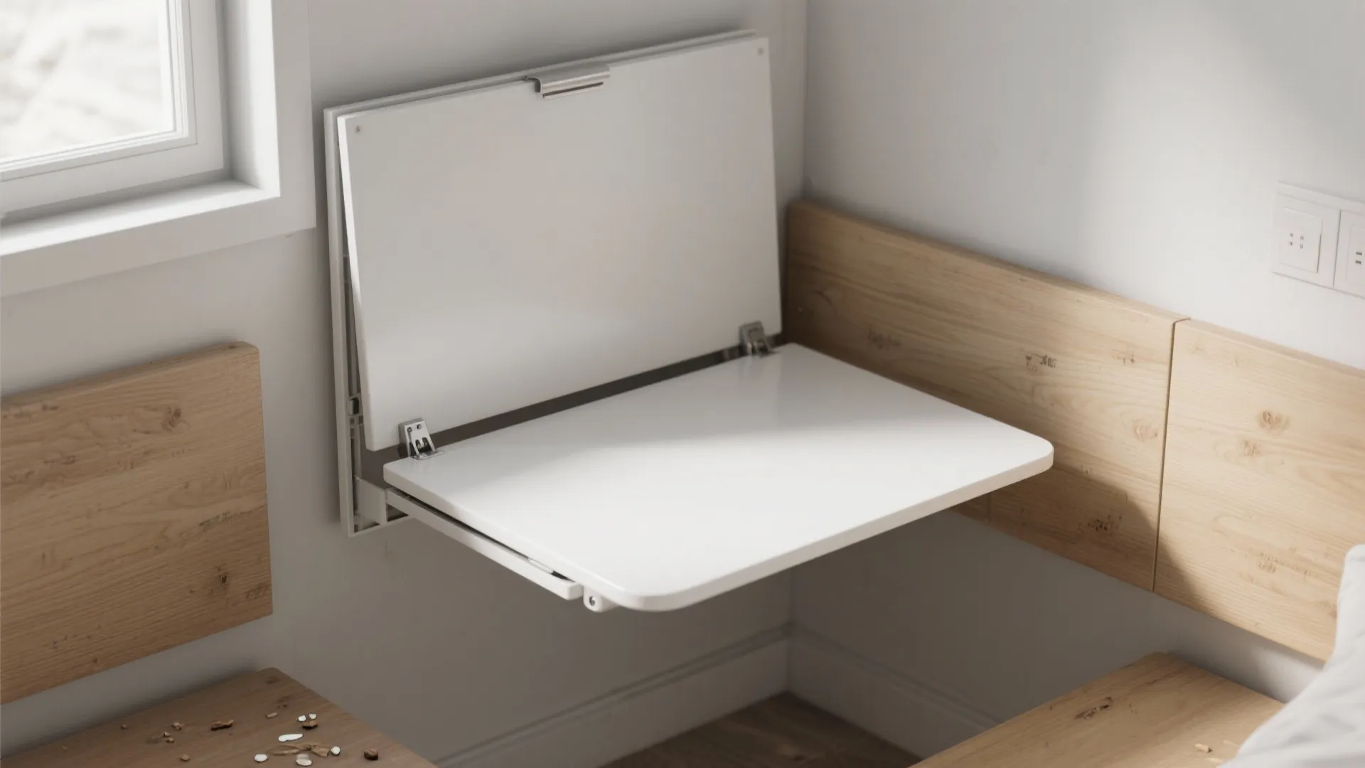 White wall mounted folding table installed in a small room with light wood wall paneling decor