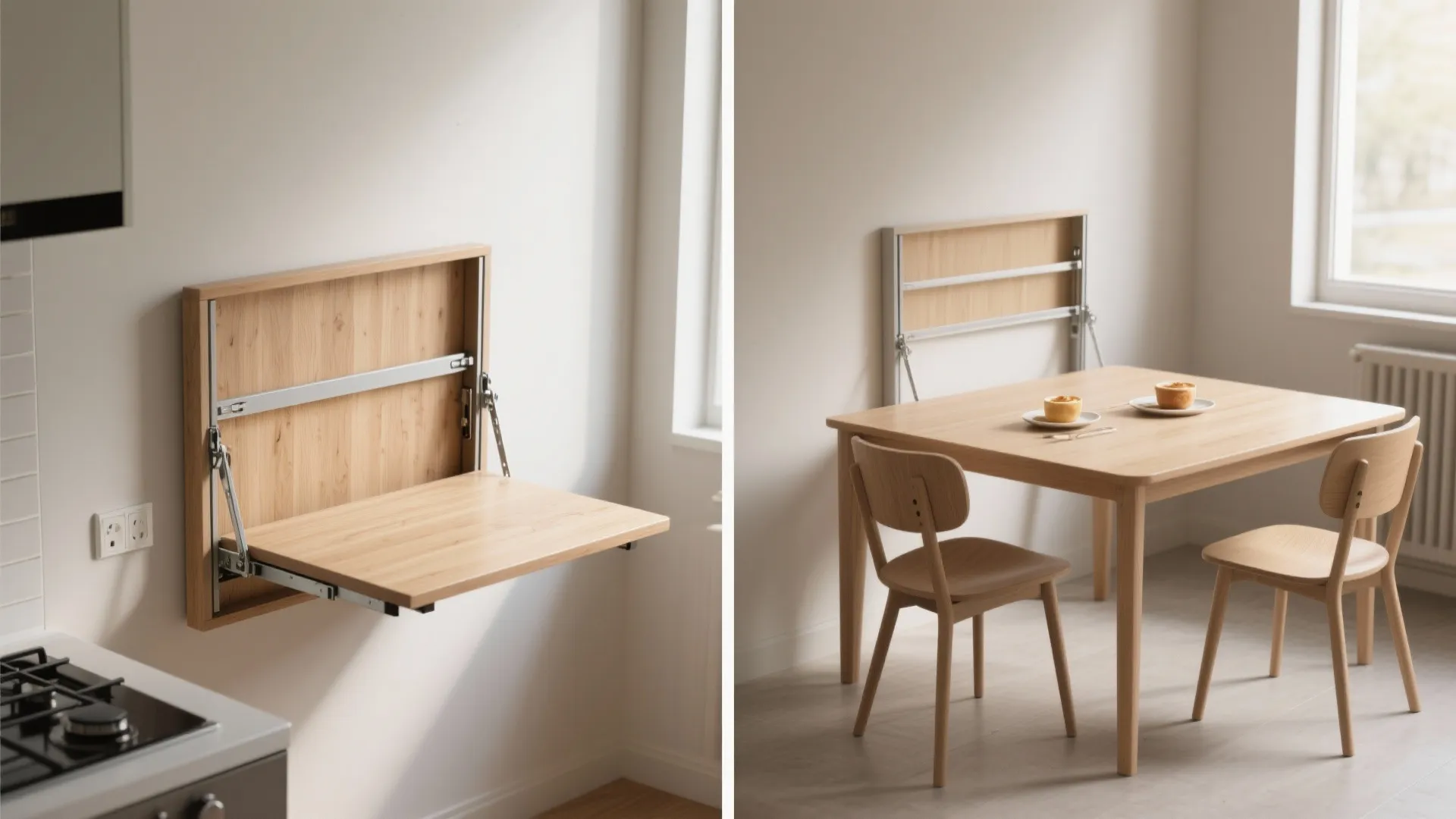 Split image of a wall-mounted drop-leaf table folded flat and extended for two with oak surface and metal brackets.