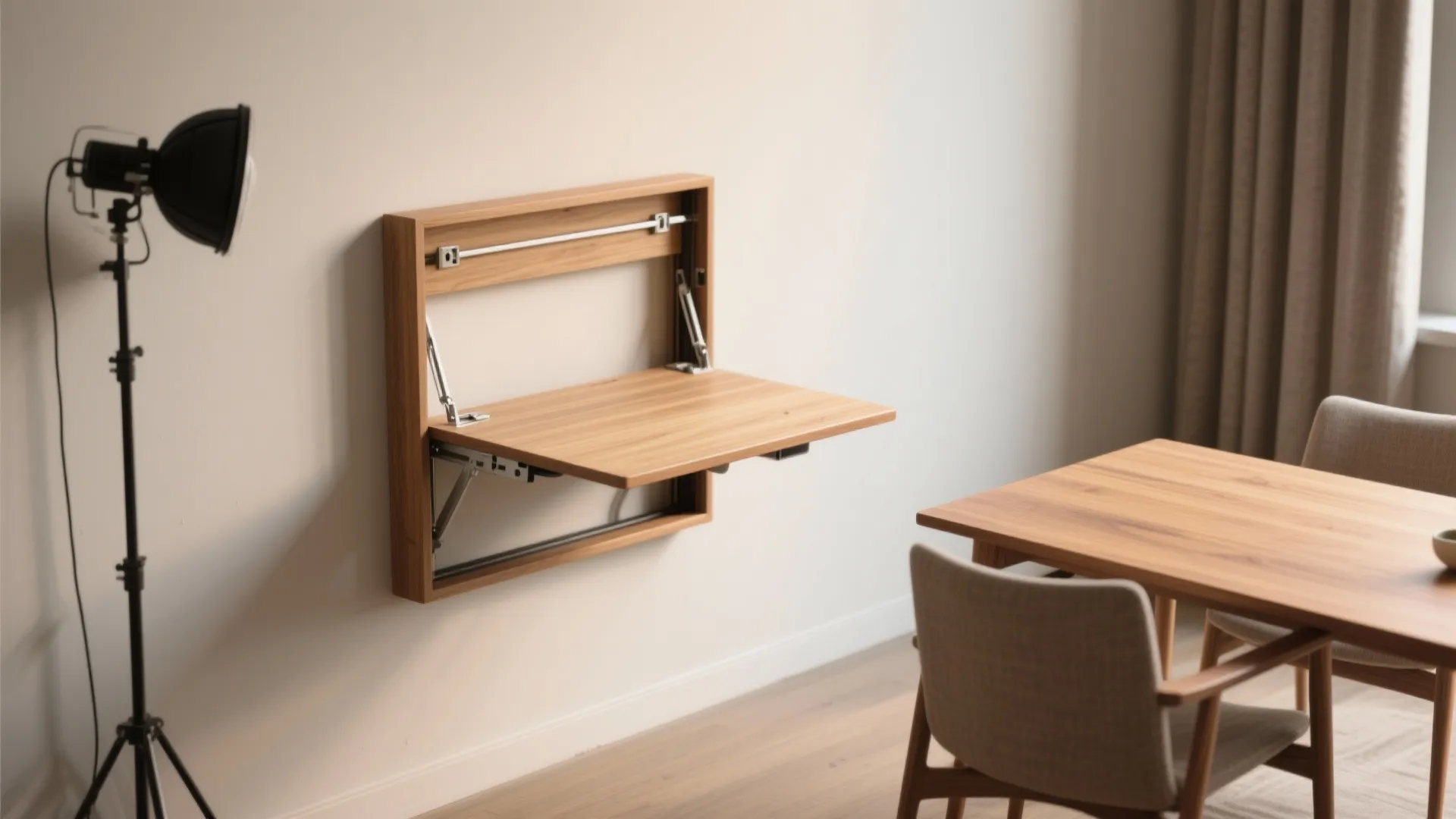 Studio with wall-mounted drop-leaf table folded against wall and set up for two diners.