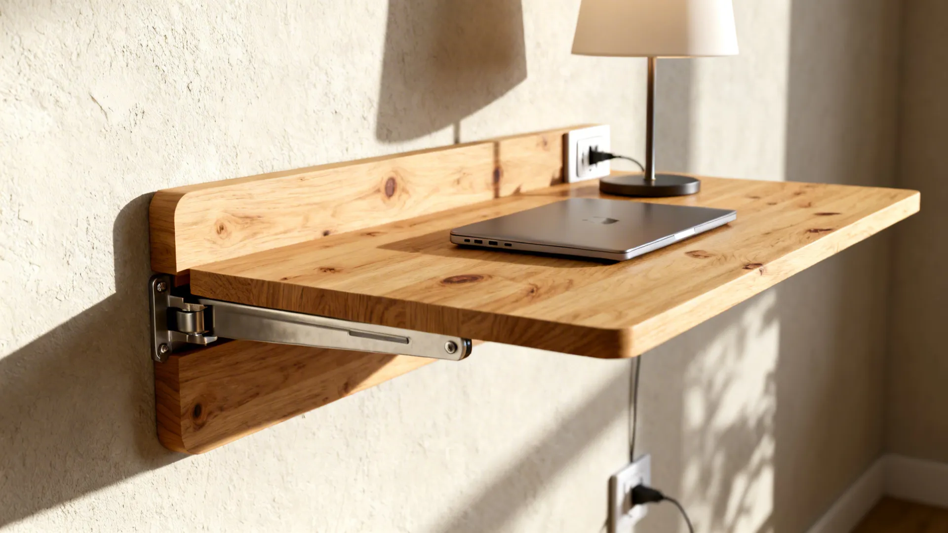 Close-up of a pine wall-mounted drop-leaf side table with laptop and lamp