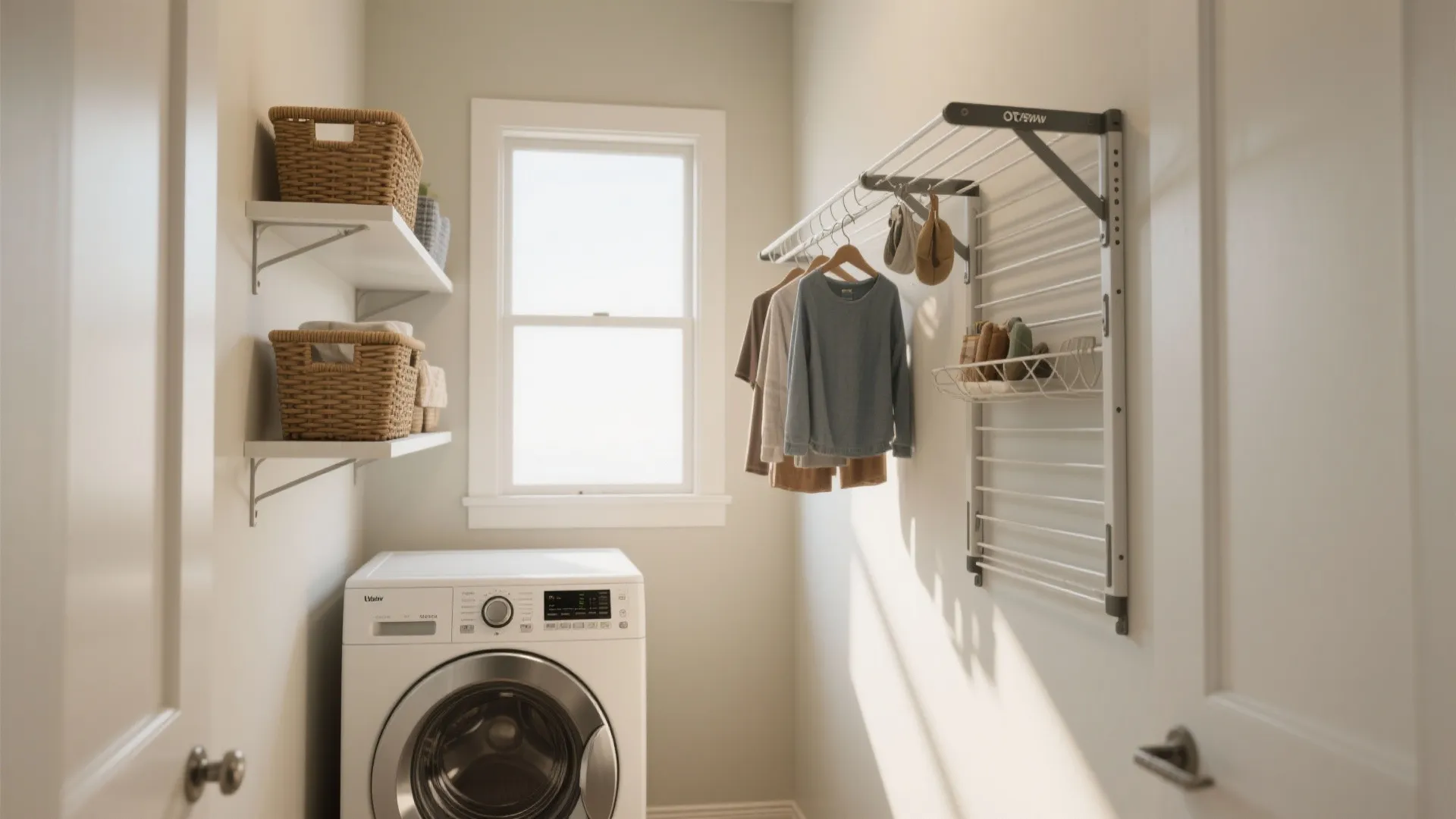 Small laundry room with a washing machine and a wall mounted drying rack holding clothes