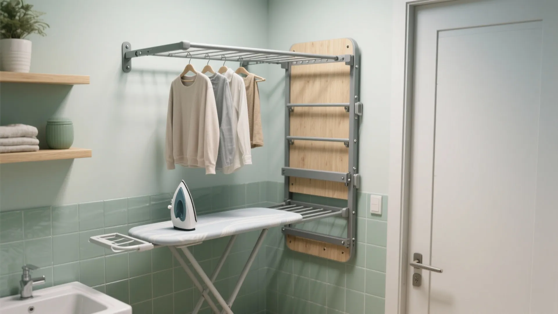 Laundry room with wall mounted drying rack hanging clothes above an ironing board and iron