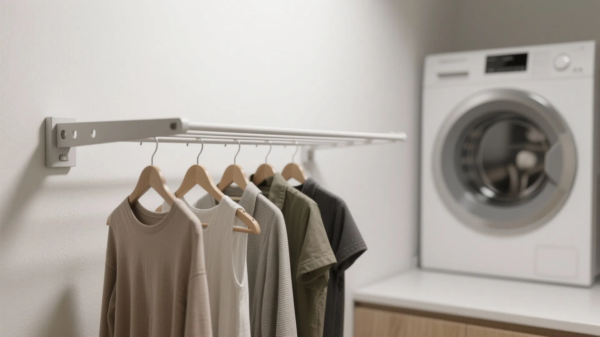 Wall mounted white clothes drying rack with wooden hangers next to a white washing machine
