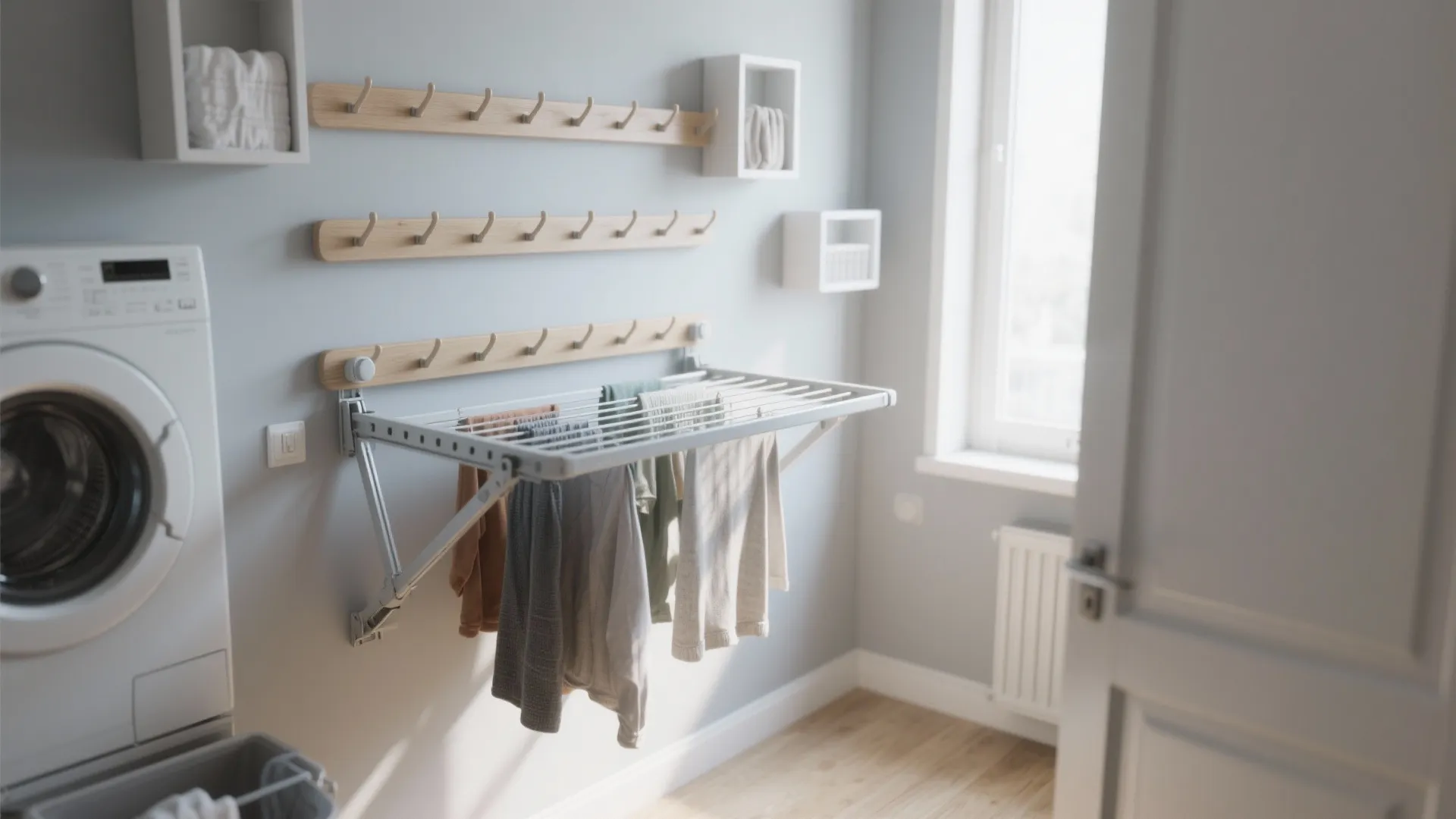 Modern laundry room featuring a wall mounted drying rack for clothes and wooden wall hooks