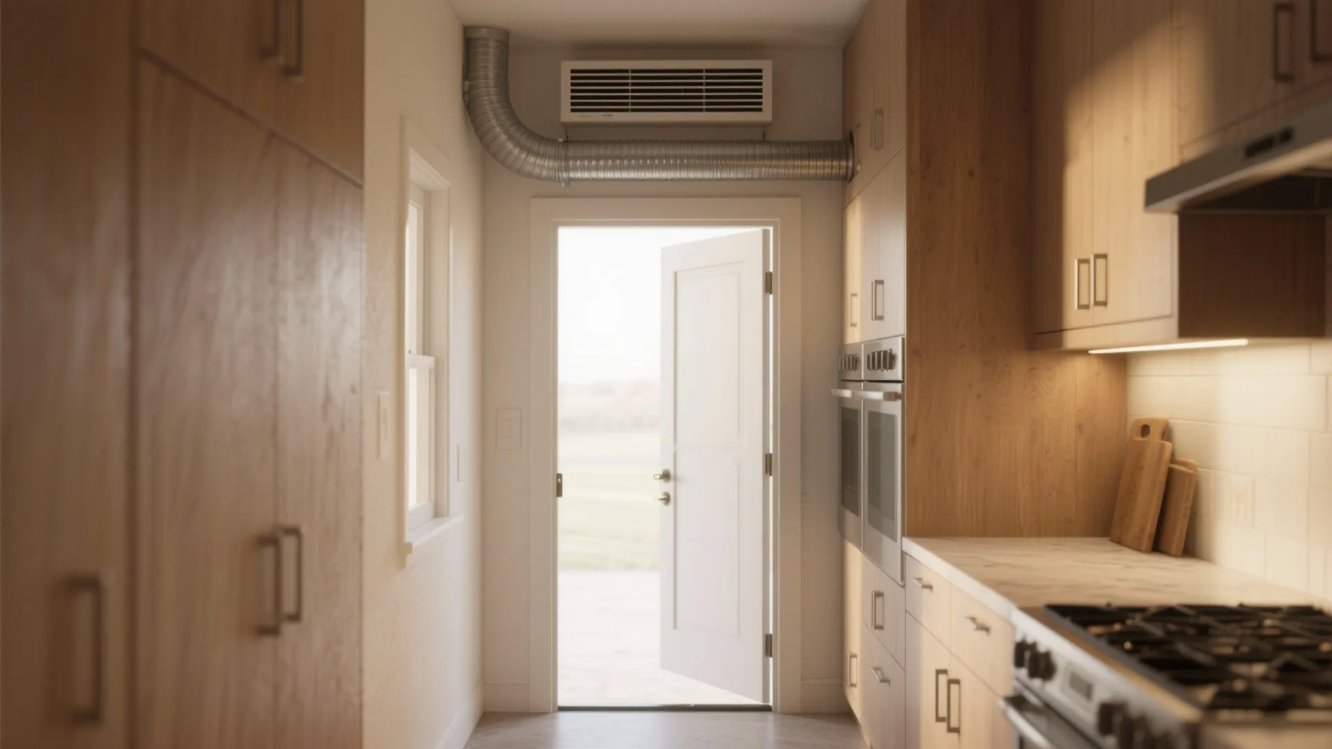 Modern kitchen interior showing a wall fan installed above an open white door with cabinets