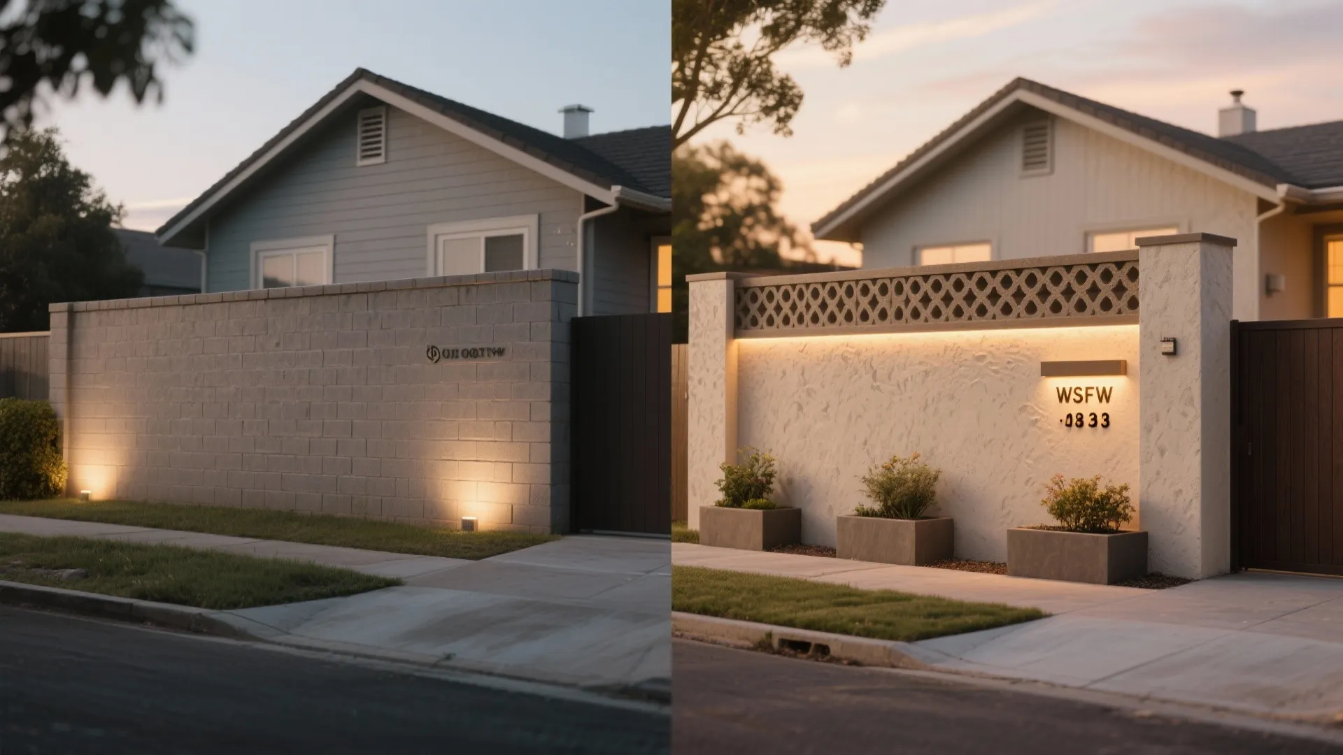 Before and after comparison of a plain grey brick wall versus a decorative white lighted wall
