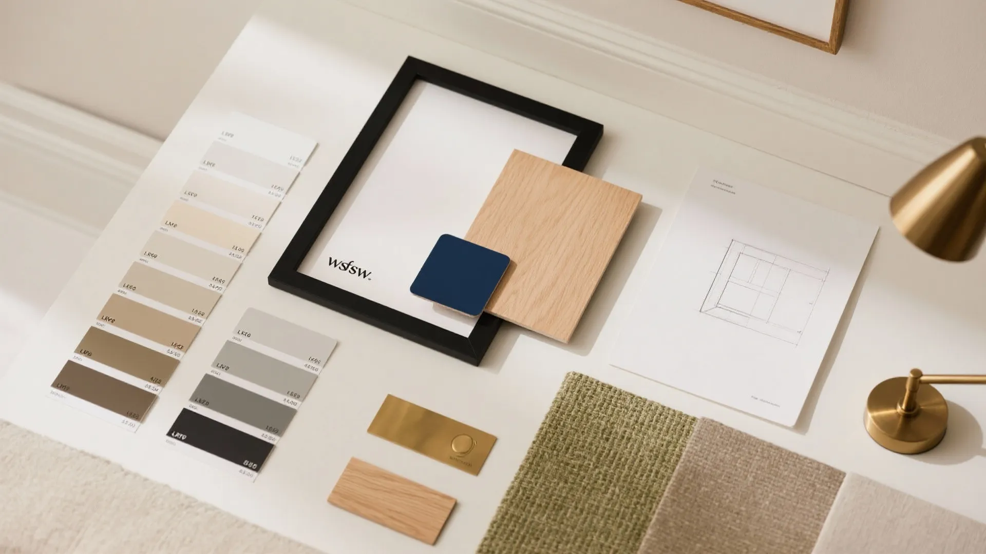 Interior design mood board with color palettes wood samples fabric swatches and gold table light