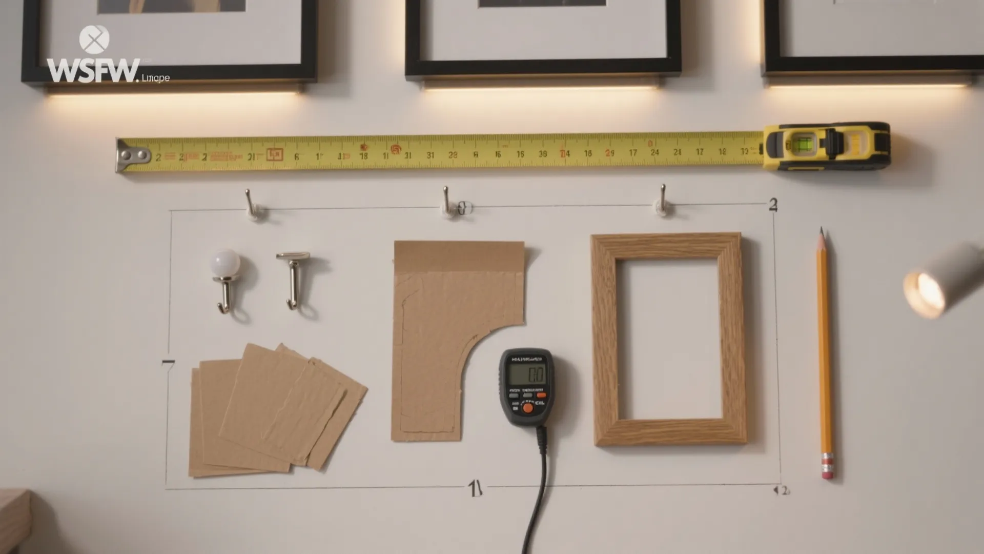 Measuring tape pencil wooden picture frame and wall hooks arranged for a home decoration project