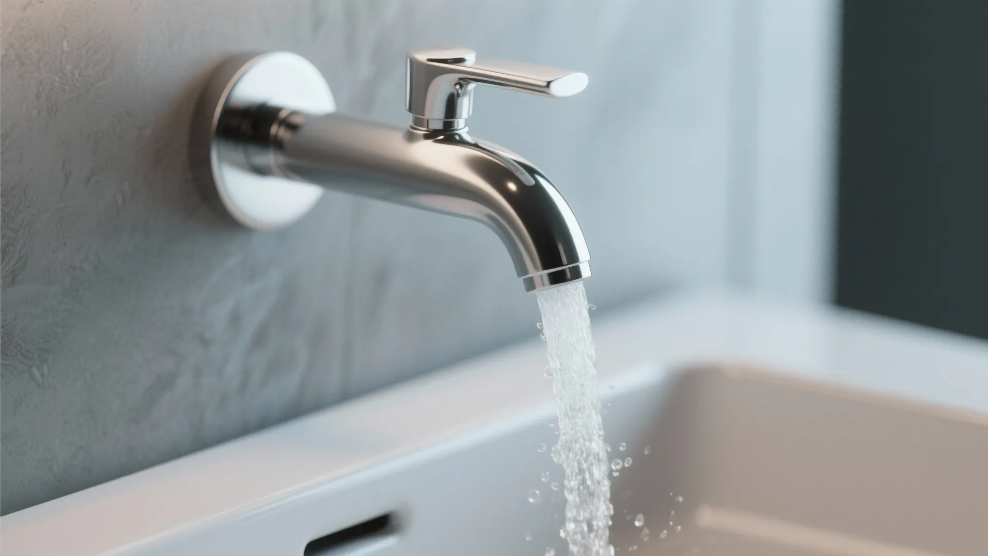 Macro of an aerated wall-mounted faucet over a slim basin showing low-splash stream