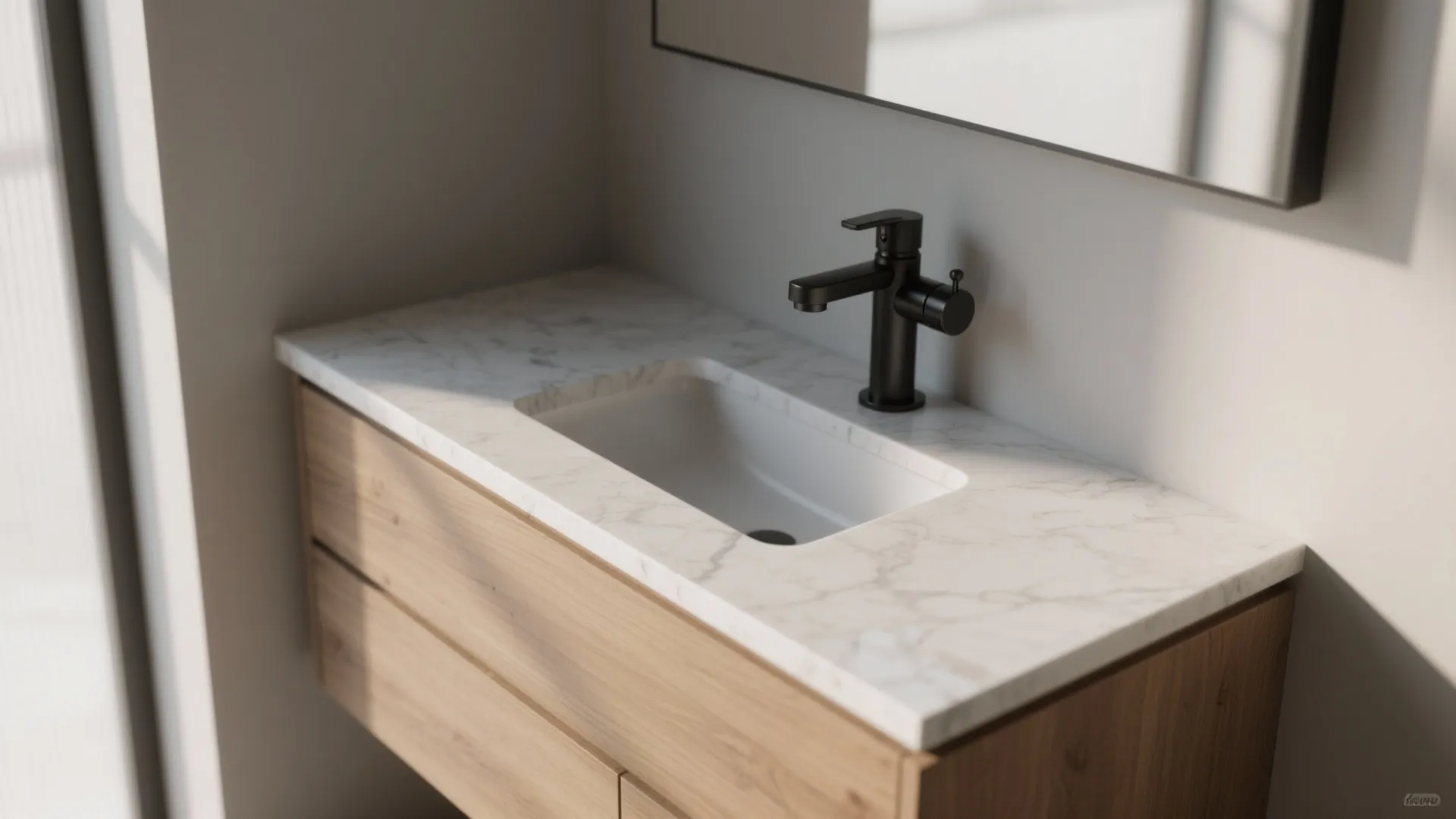 2. Wall-mounted faucet + thin quartz slab