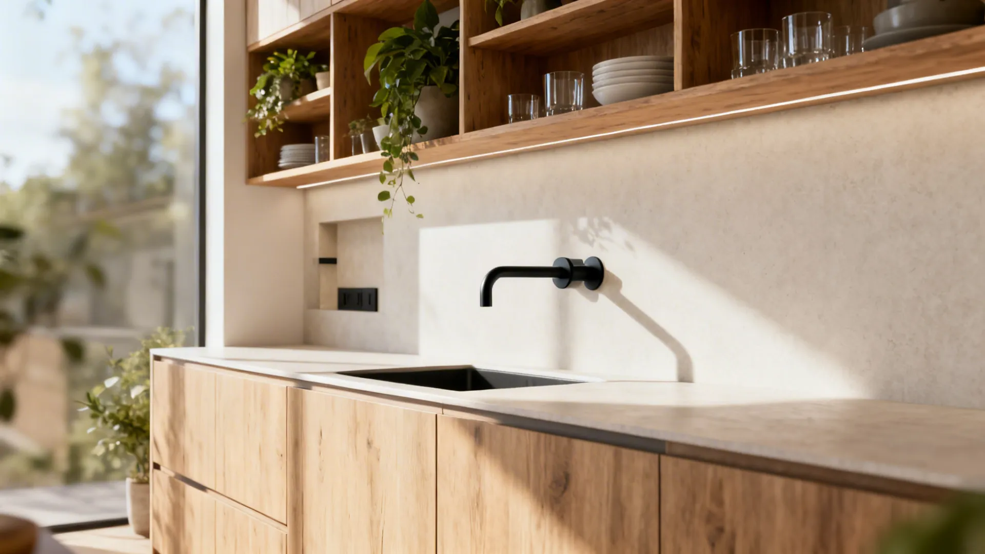 Small kitchen with a wall-mounted faucet and open shelving above the sink