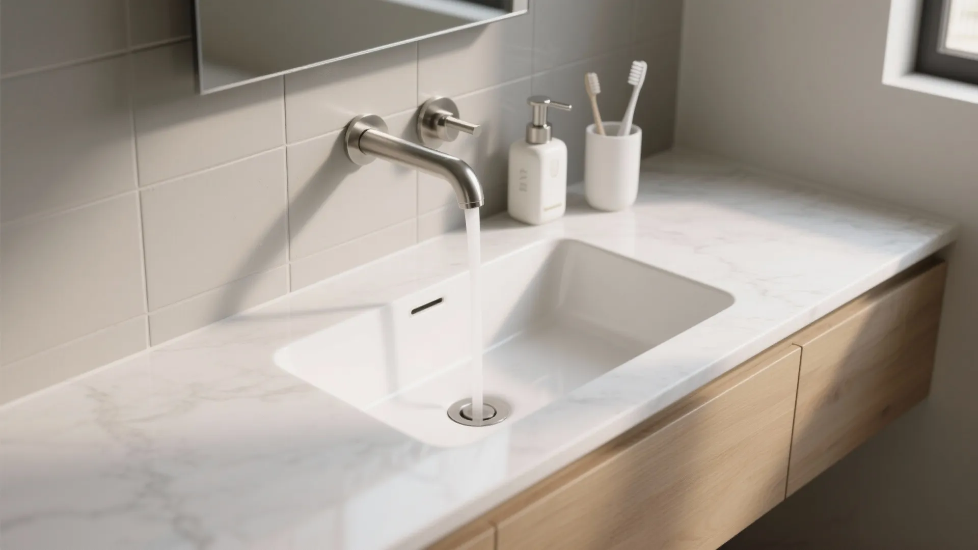 3) Wall-Mounted Faucet + Wider Counter: The Clutter Cure