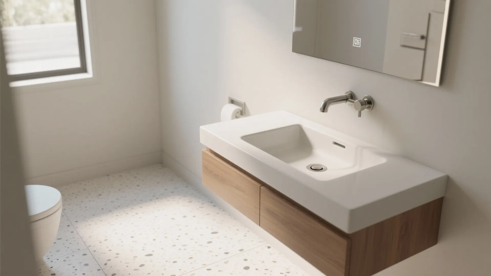 2) Wall-mounted faucet + floating vanity = more breathing room