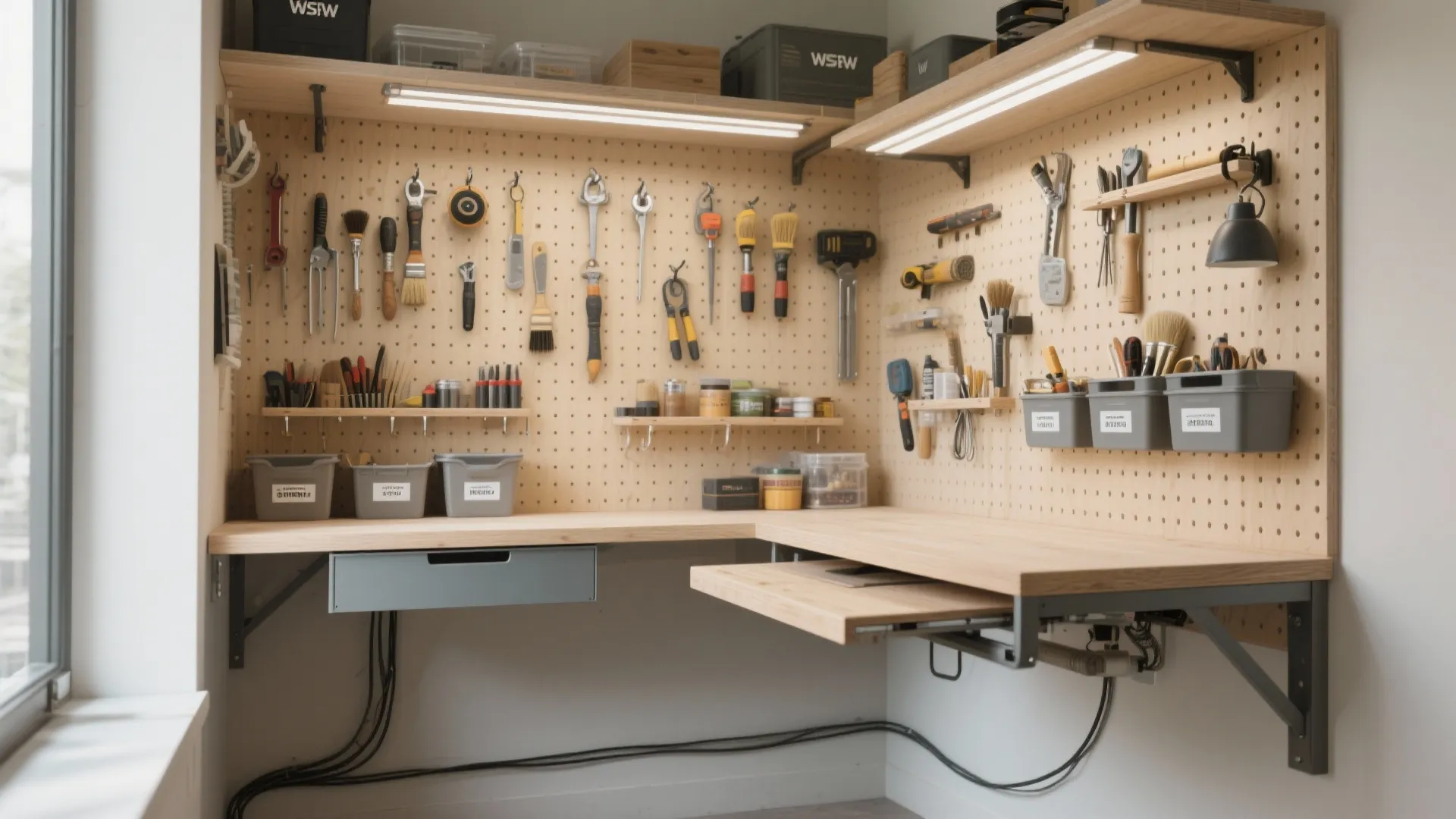 Wall-mounted pegboard and rails above a fold-down desk creating vertical storage in a compact craft nook.