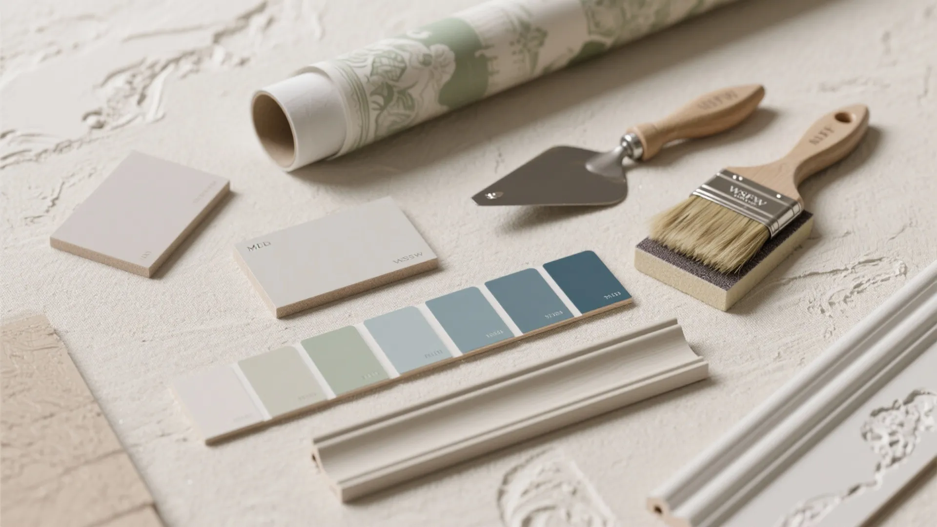 Home renovation tools including paint brush color samples wallpaper roll and wall panel molding pieces