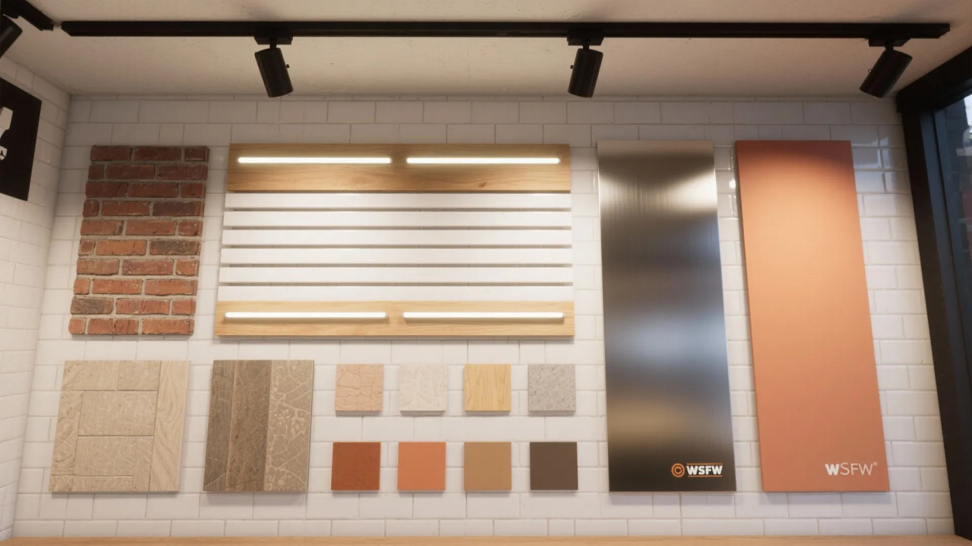 Top-down flat lay of brick, wood slats, tile, stainless steel, LEDs, and warm palette swatches for pizza shop walls.