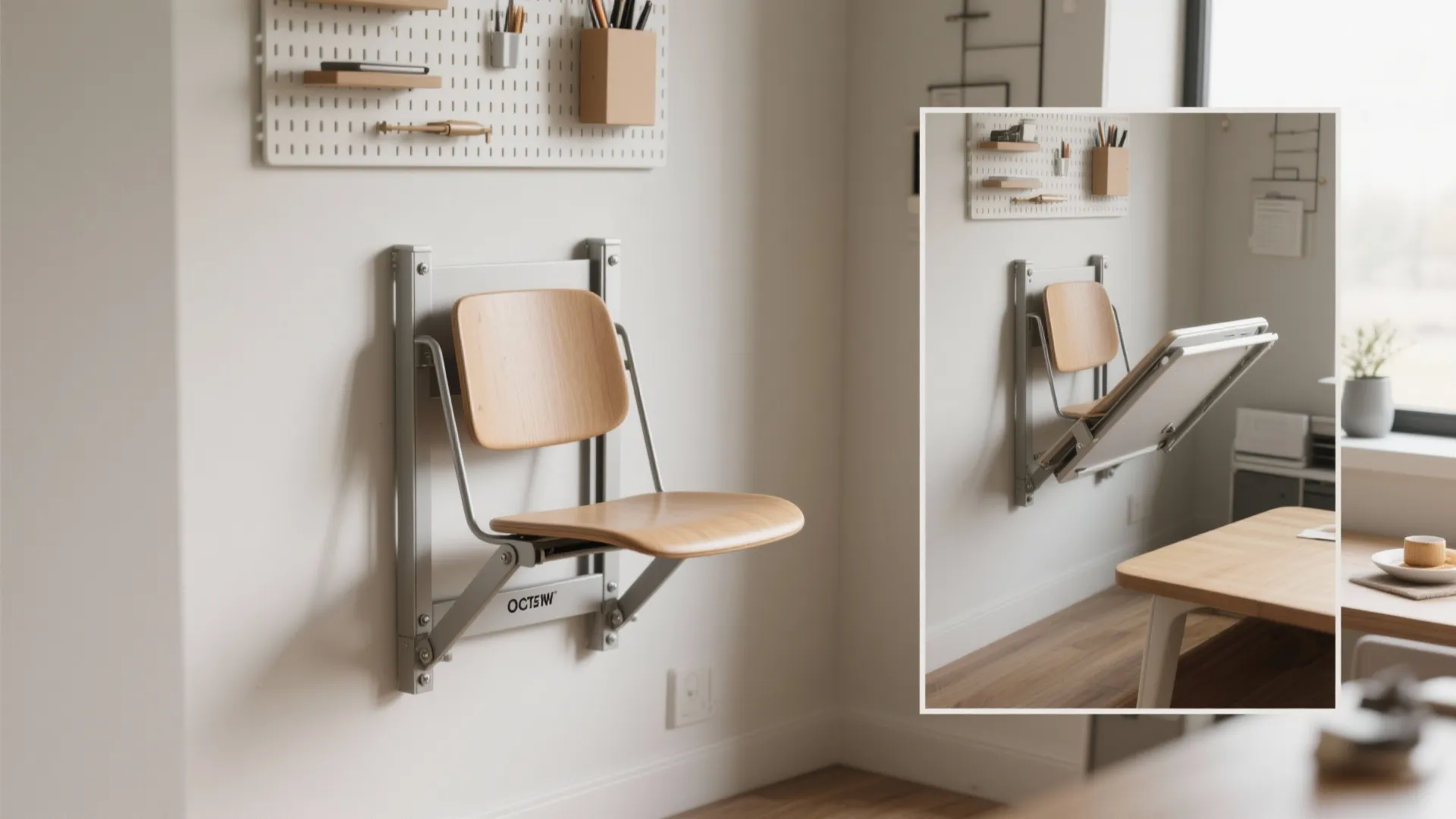 Wall-mounted flip-down chair folded flat and shown deployed with visible brackets and pegboard storage above.