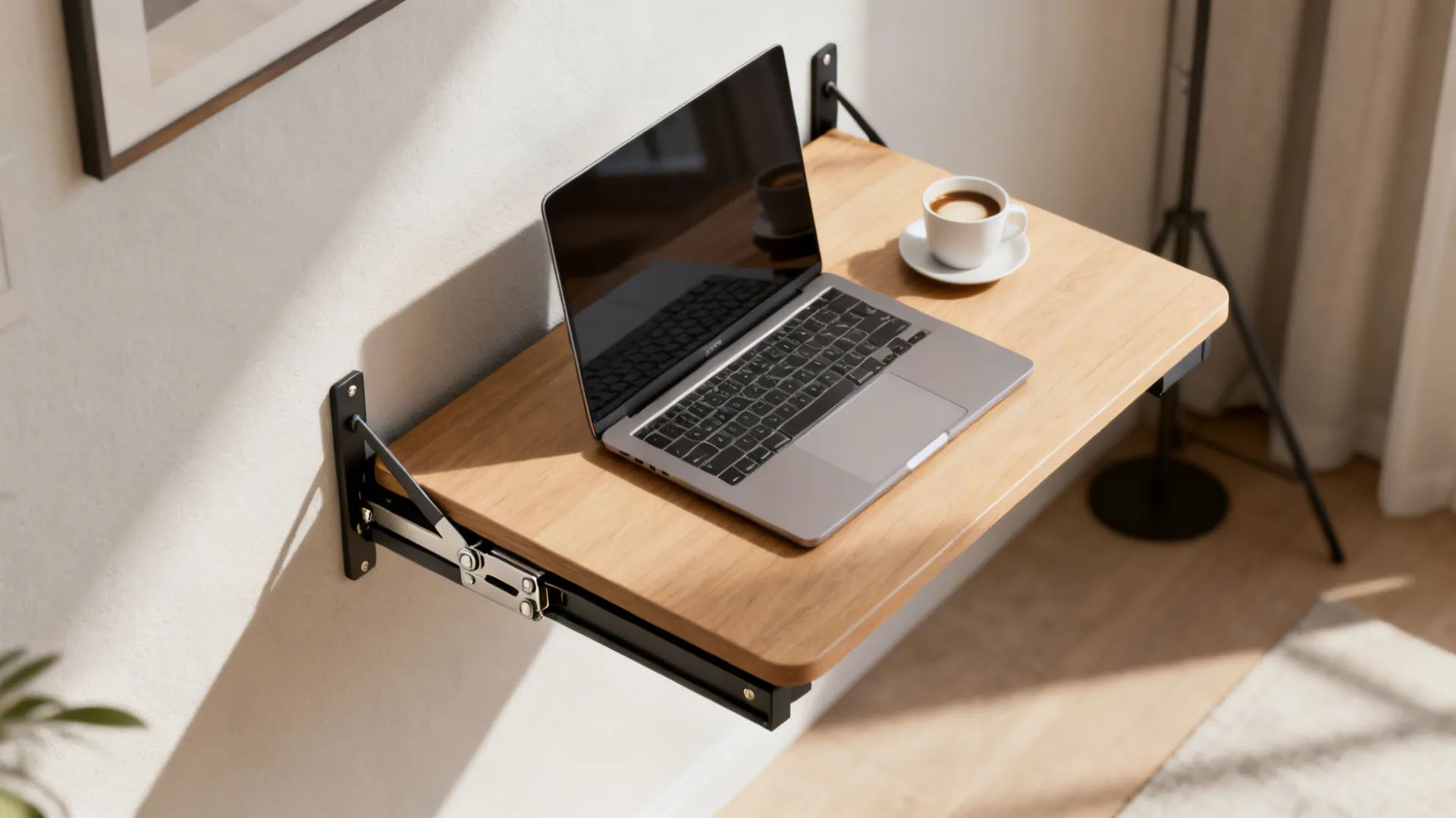Fold-down wall table used as a small desk in a studio, showing hinge and lightweight setup.