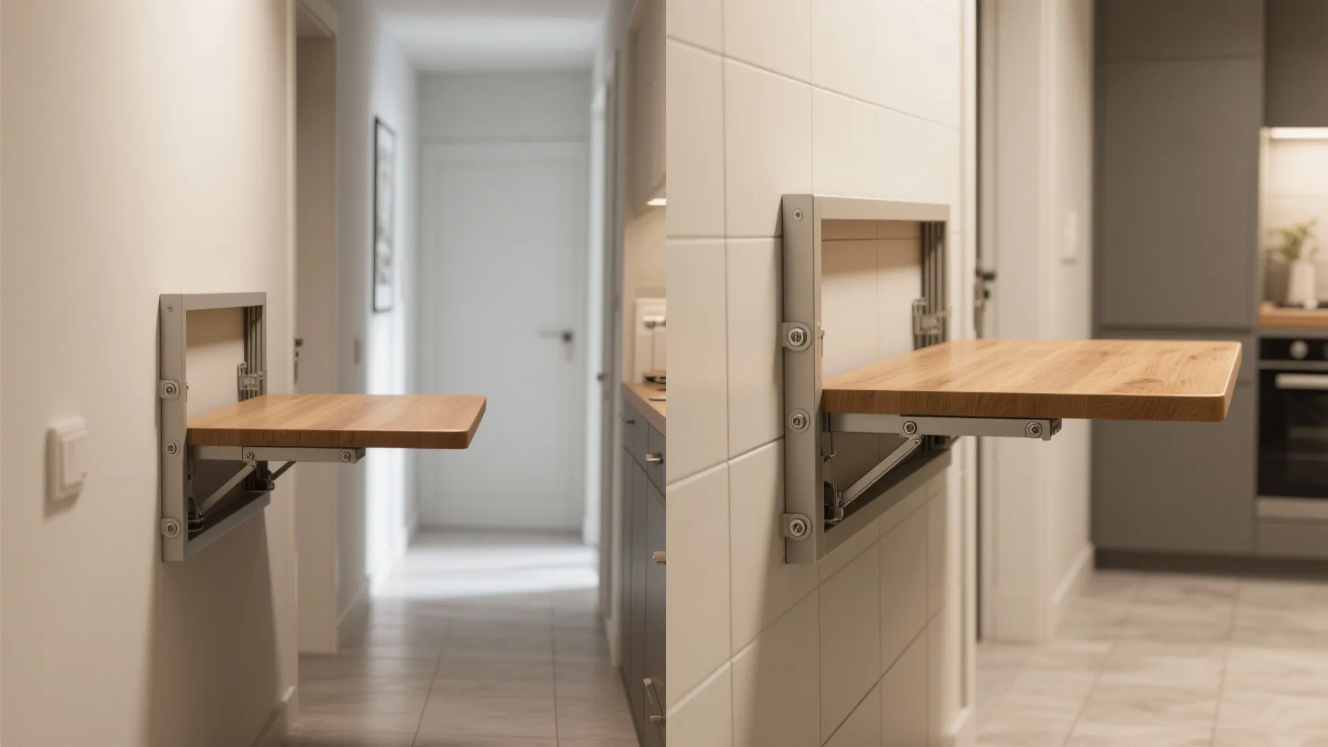 Wood folding wall table installed in a hallway and kitchen to save space in home
