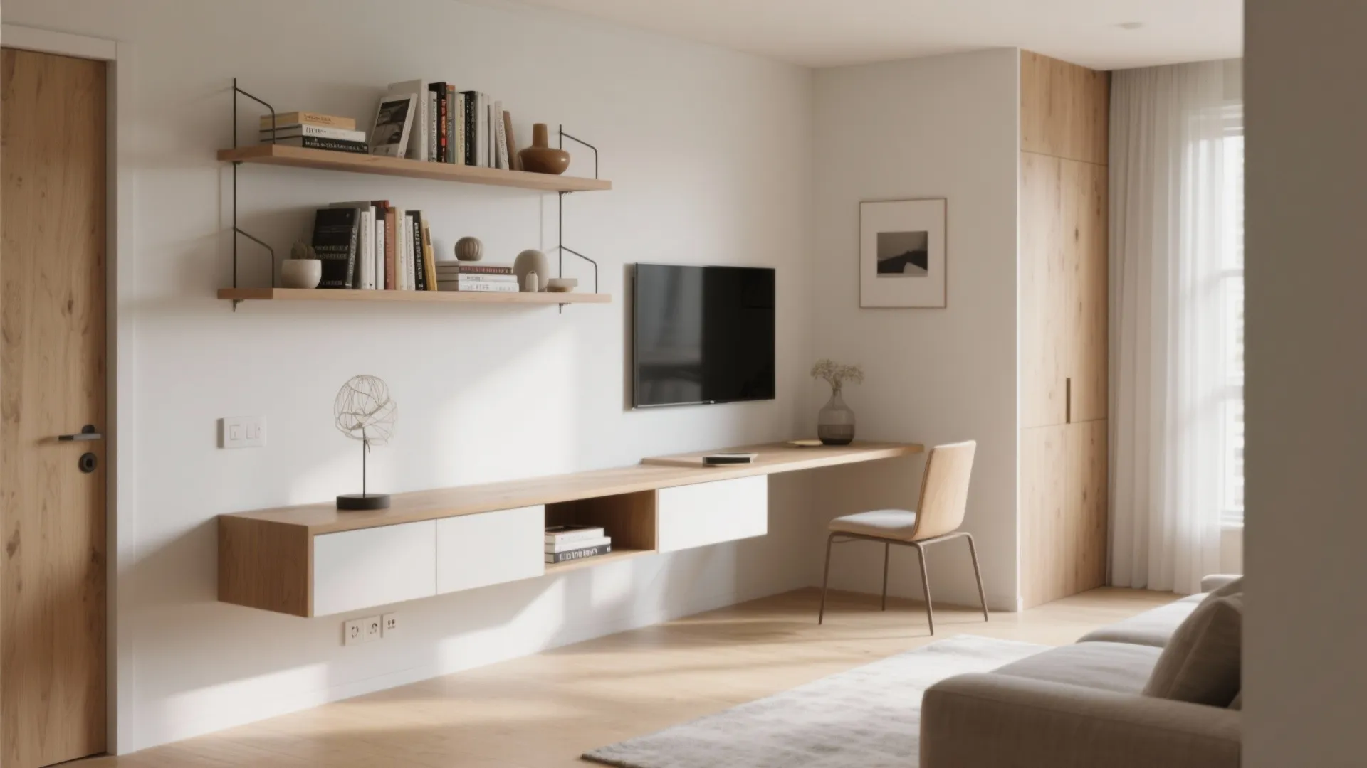Minimalist study area with wooden floating desk and wall shelves beside a small wooden chair