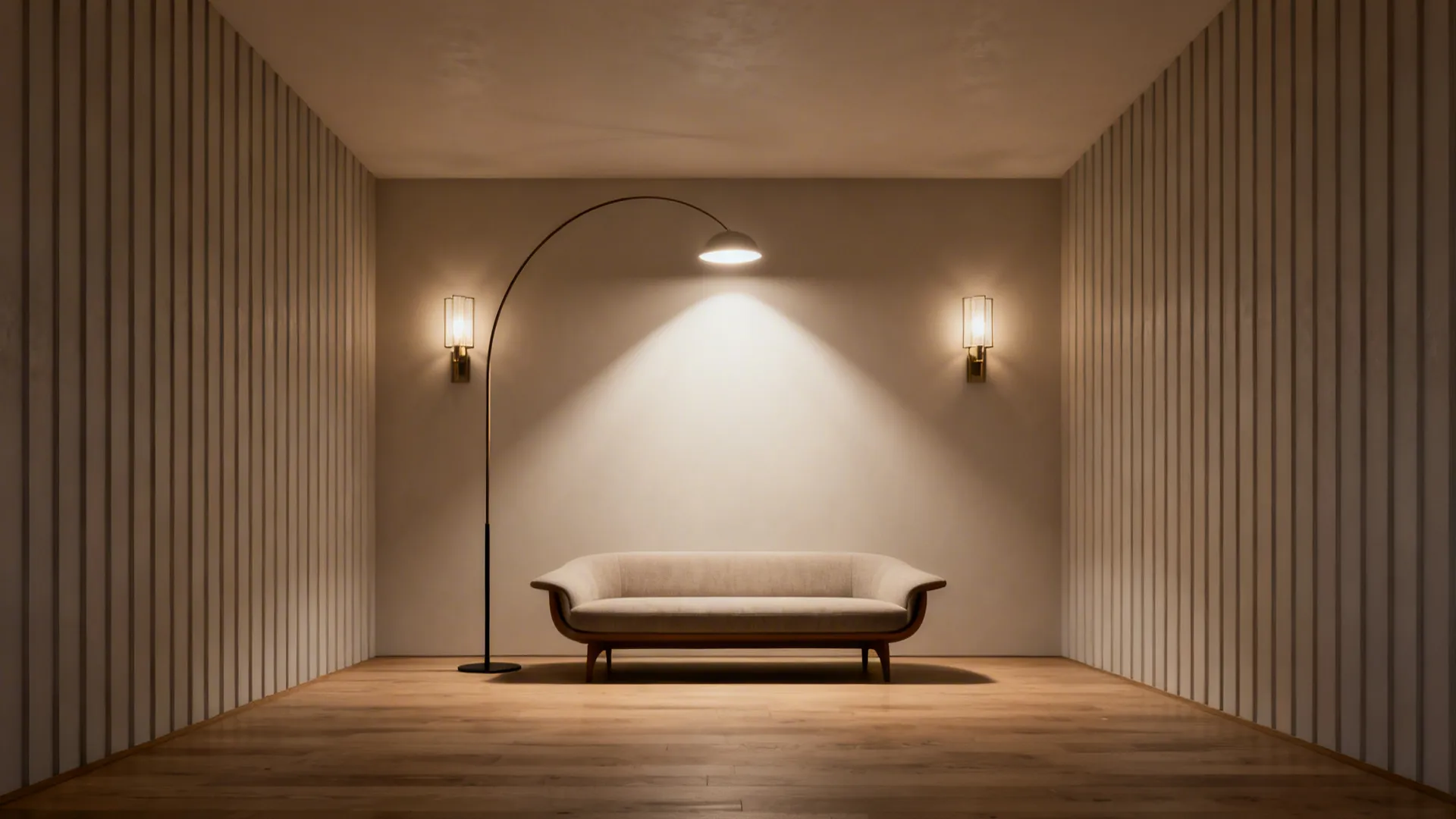 Low-ceiling living room with wall sconces and a tall arc floor lamp drawing the eye upward.