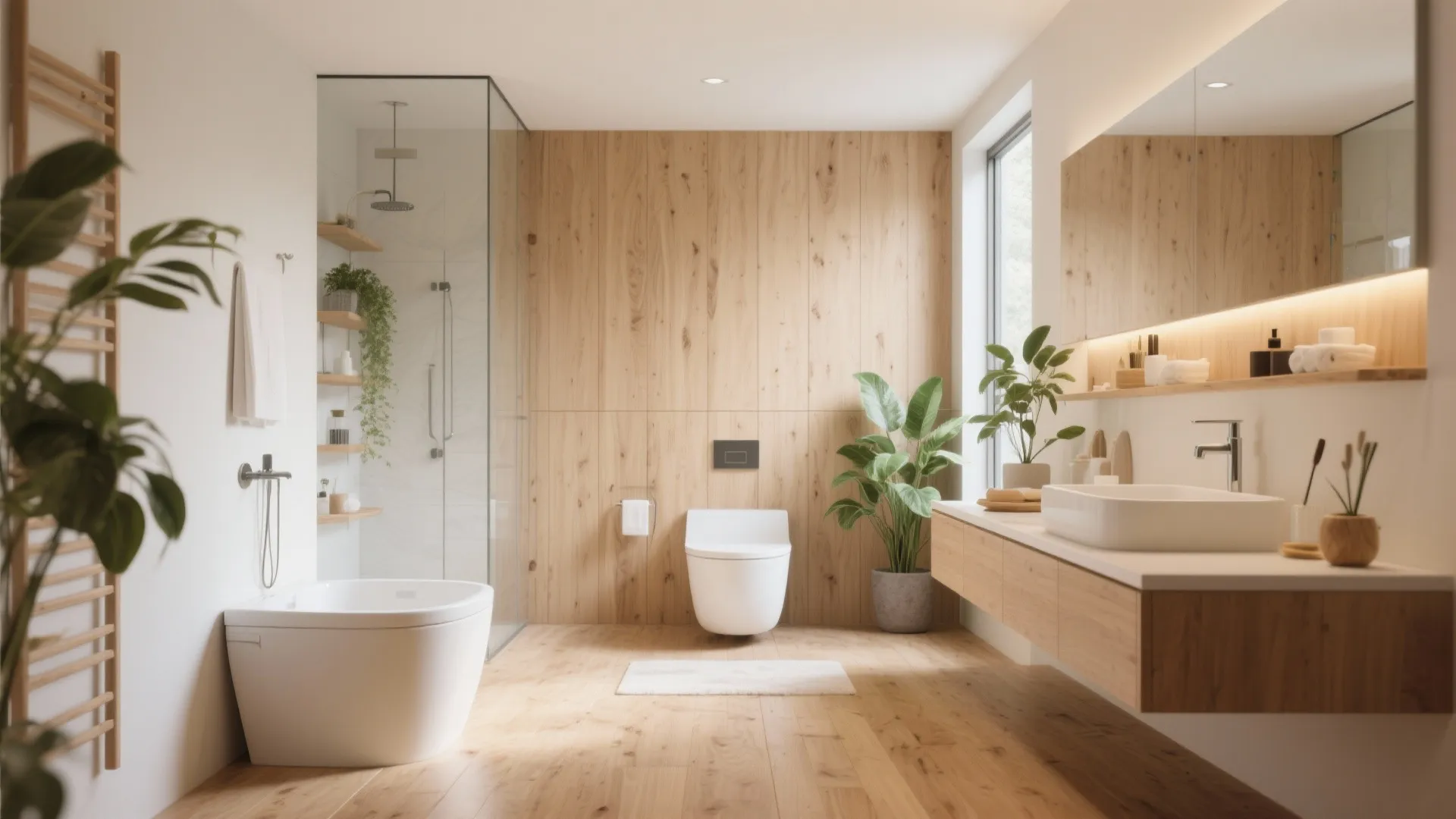 Bright bathroom with wood floor wall panel white bathtub toilet sink and green indoor plants